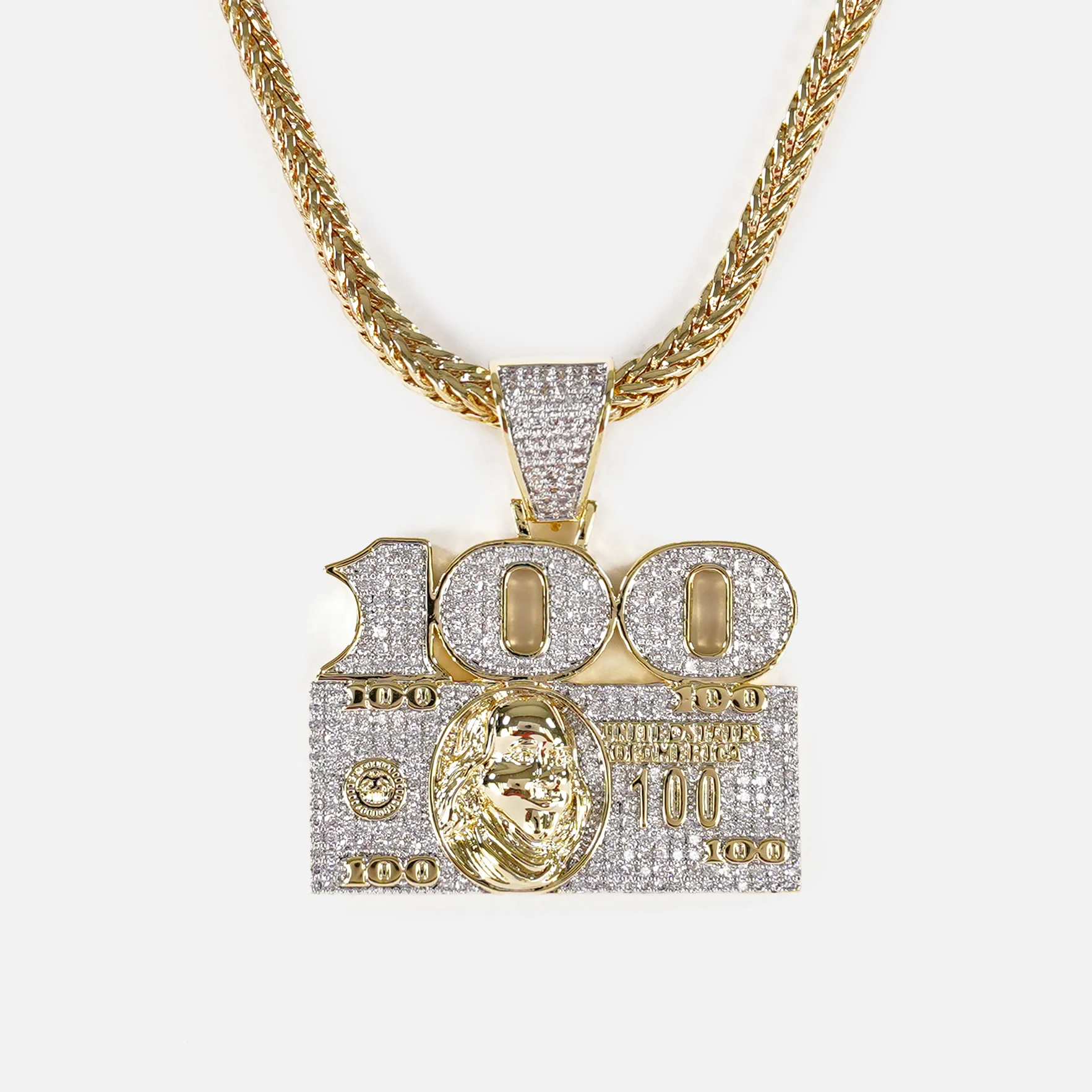 100 Money Benjamin 1½" Pendant with Chain Necklace - Gold Plated Stainless Steel - Image 2