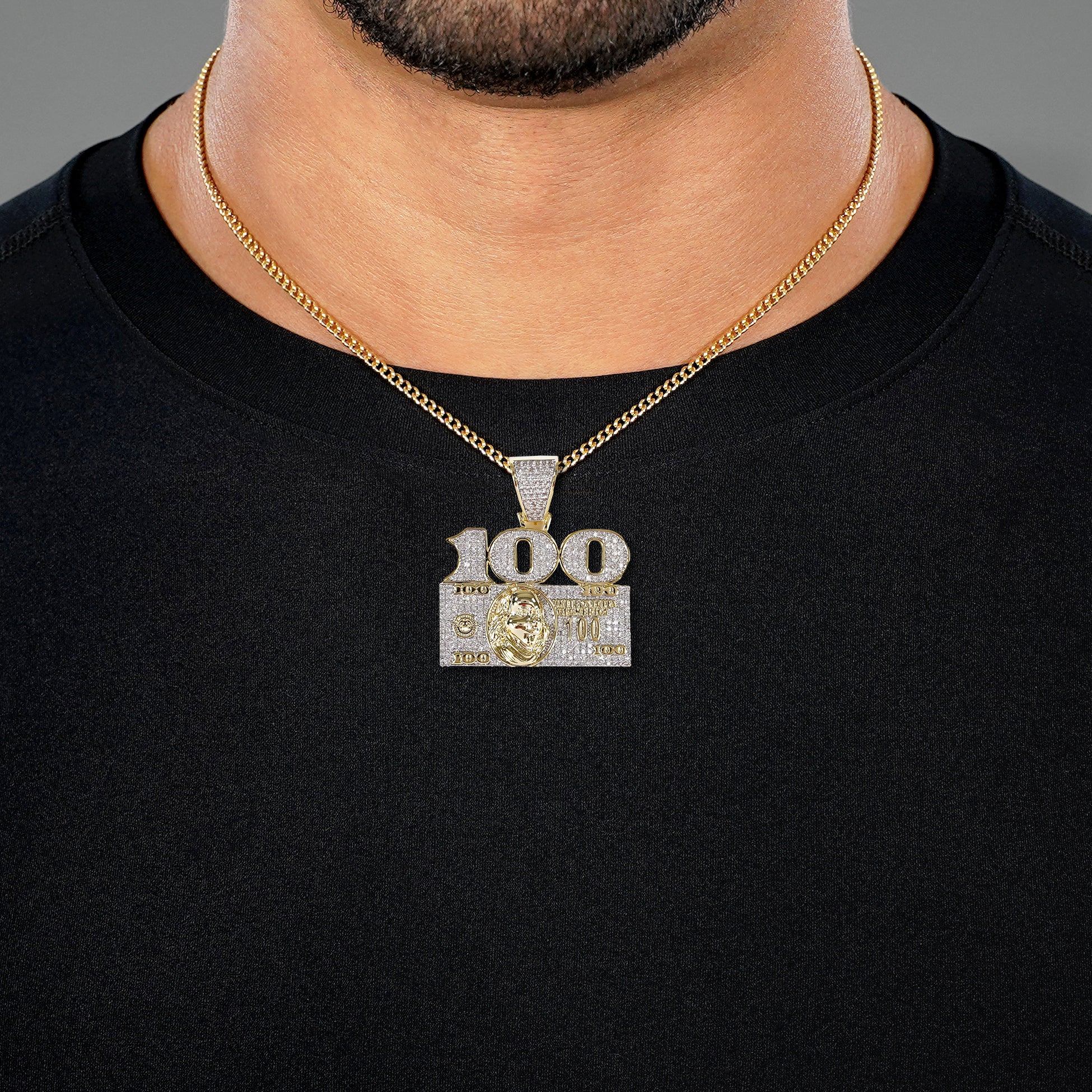 100 Money Benjamin 1½" Pendant with Chain Necklace - Gold Plated Stainless Steel - Image 3
