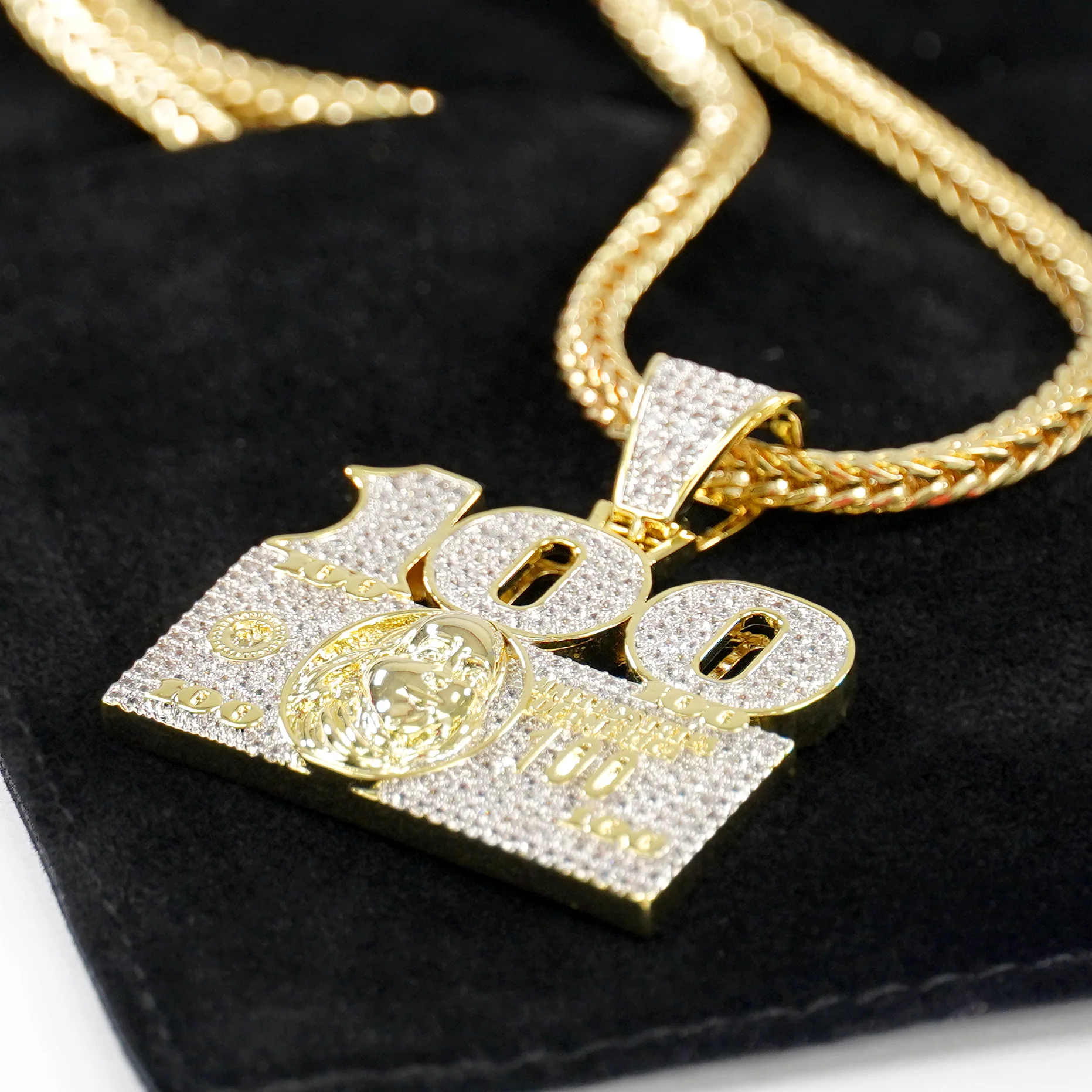 100 Money Benjamin 1½" Pendant with Chain Necklace - Gold Plated Stainless Steel - Image 5