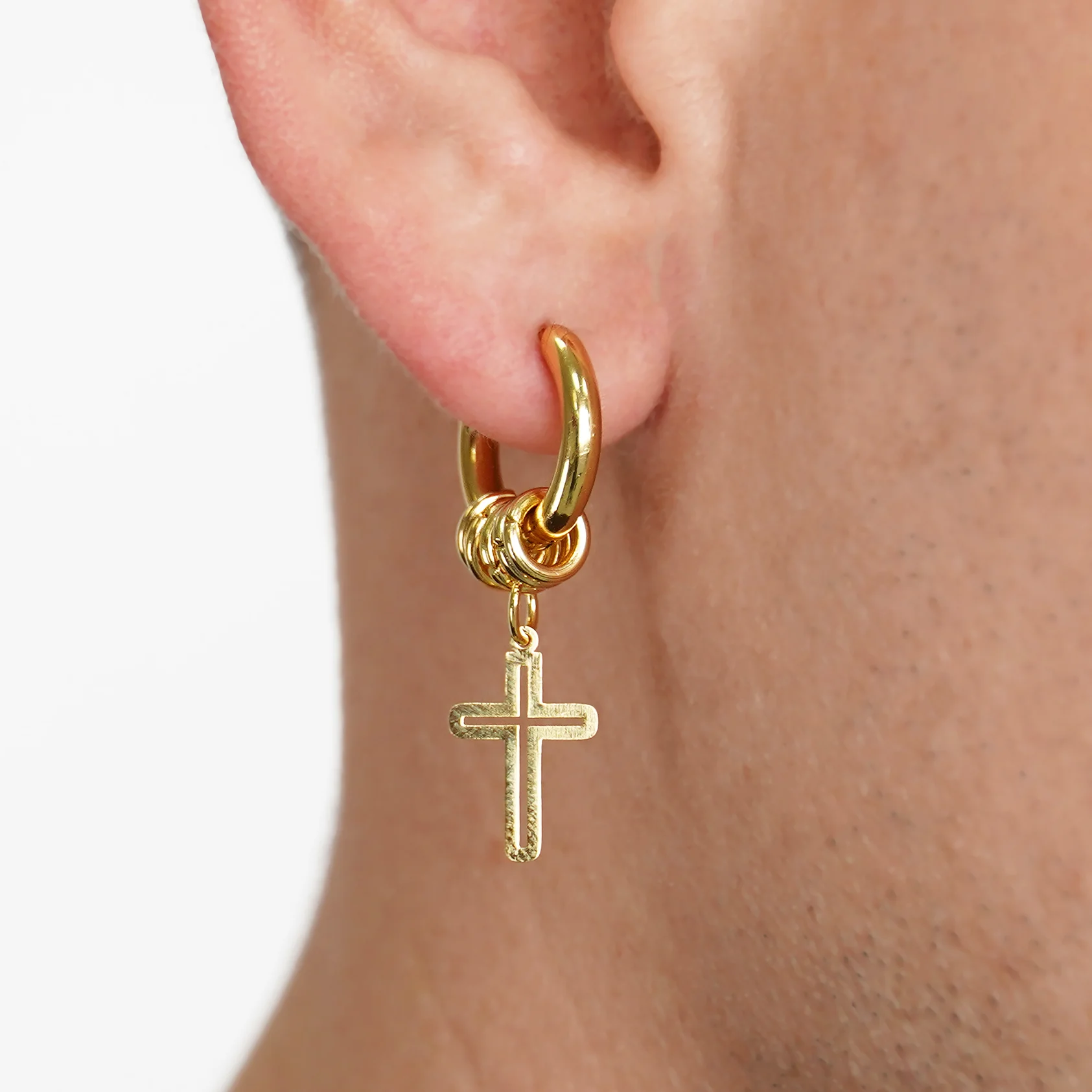 4 Hoops Carved Cross Earring - Gold Plated Stainless Steel - Image 2
