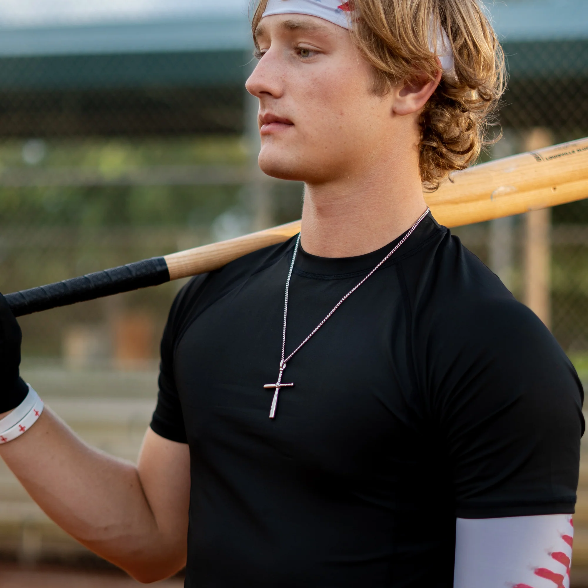 Baseball Bat Cross Pendant with Chain Necklace - Stainless Steel - Image 3