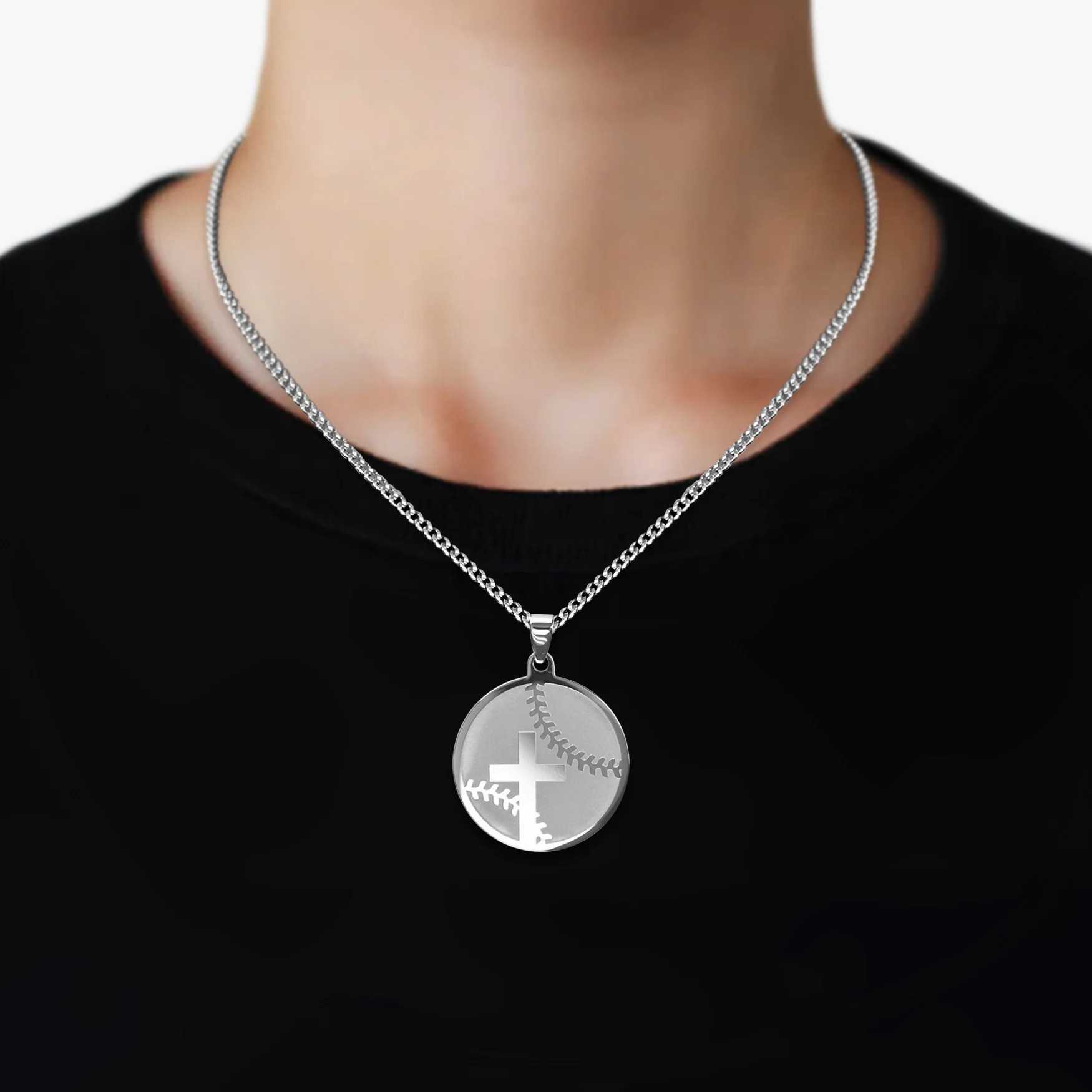 Baseball Faith Cross Pendant with Chain Necklace - Stainless Steel - Image 2