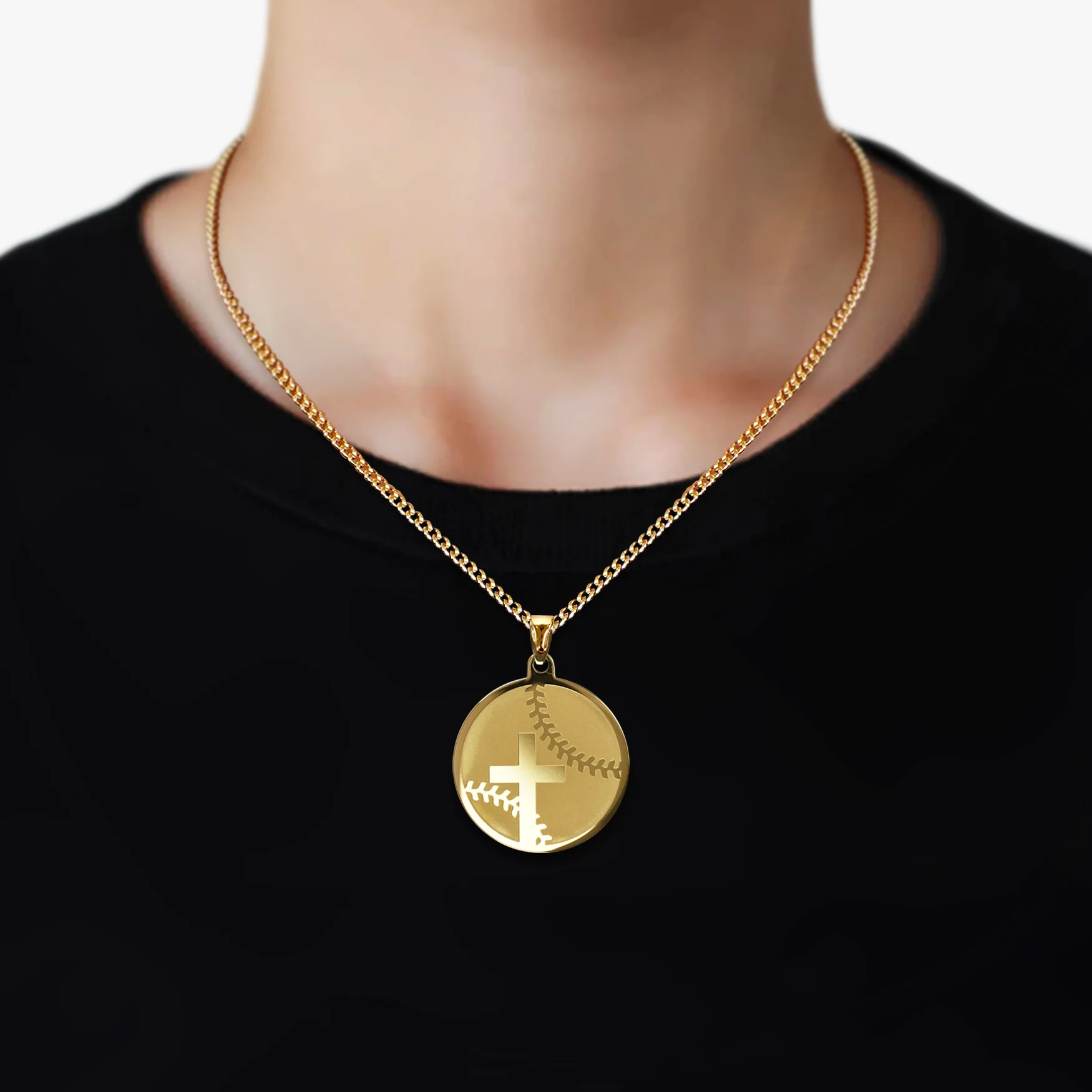 Baseball Faith Cross Pendant with Chain Necklace - Gold Plated Stainless Steel - Image 2