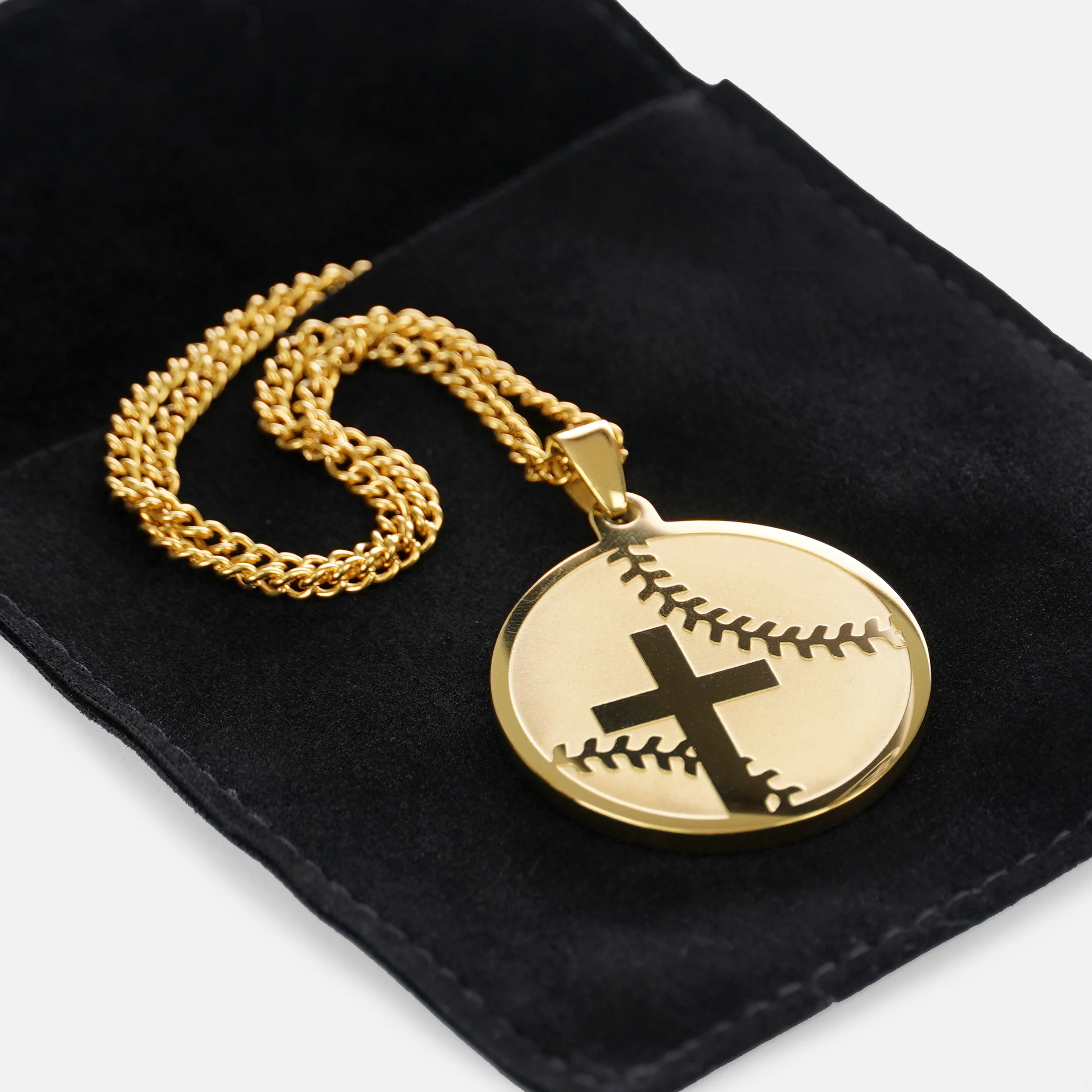 Baseball Faith Cross Pendant with Chain Necklace - Gold Plated Stainless Steel - Image 3