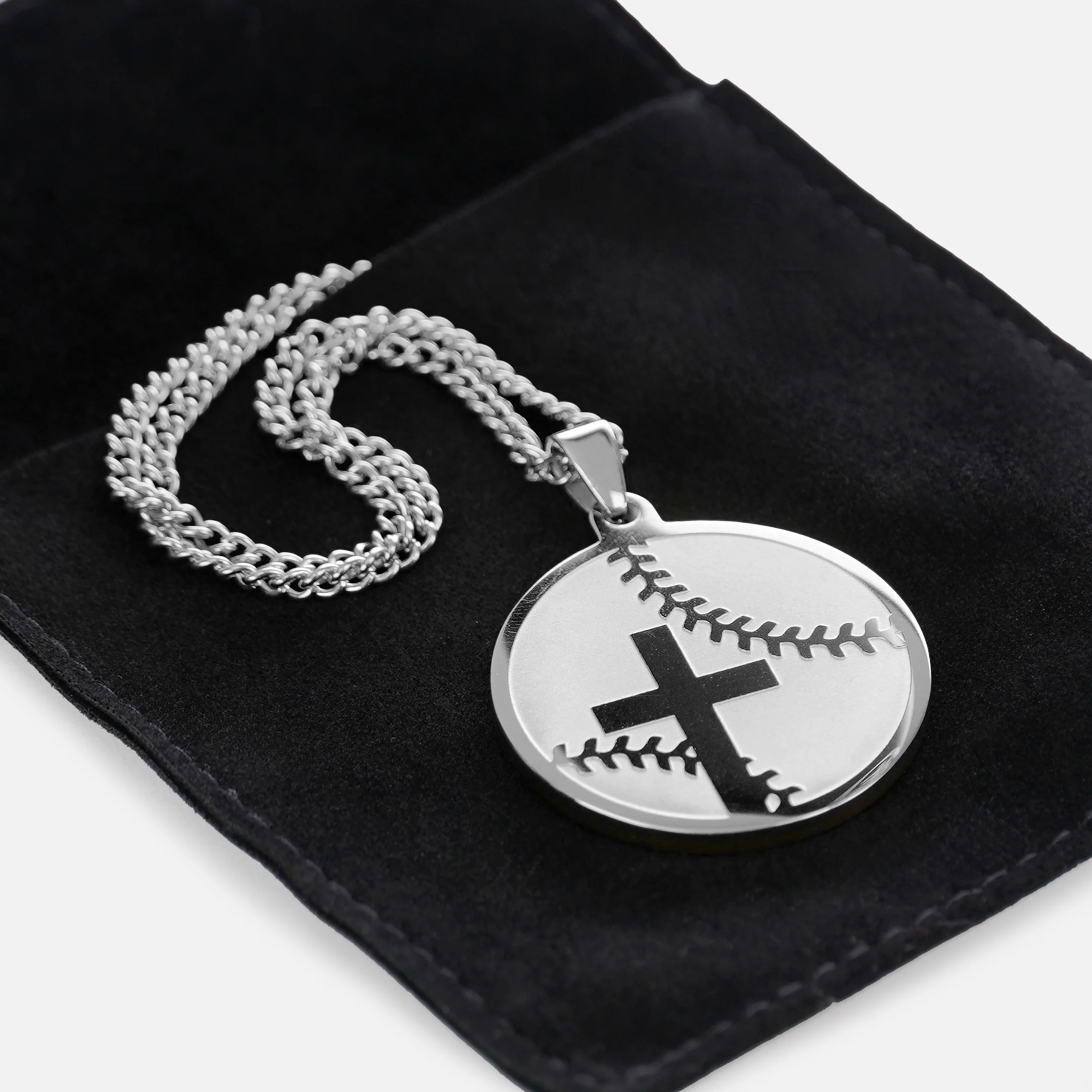 Baseball Faith Cross Pendant with Chain Necklace - Stainless Steel - Image 3
