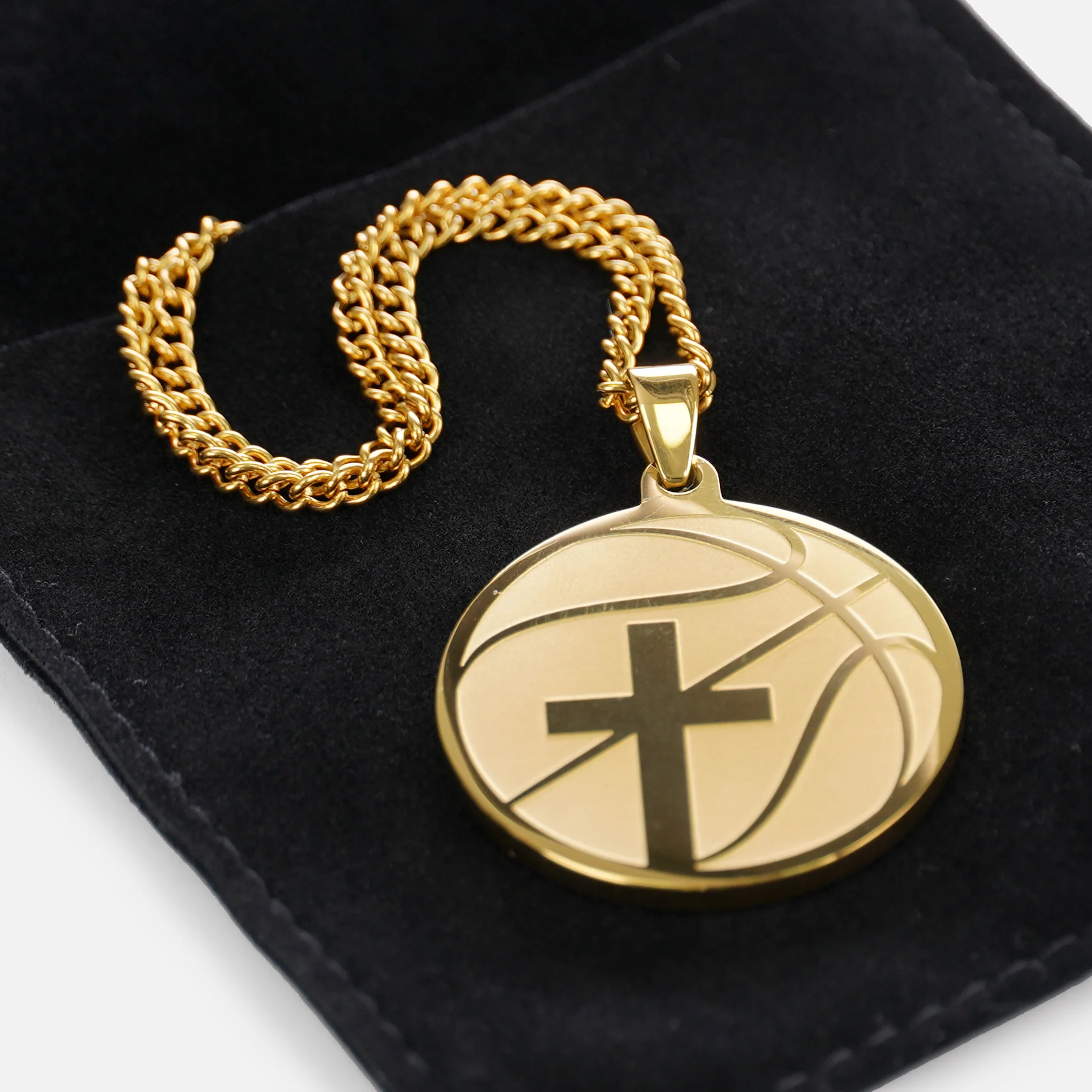 Basketball Faith Cross Pendant with Chain Necklace - Gold Plated Stainless Steel - Image 3