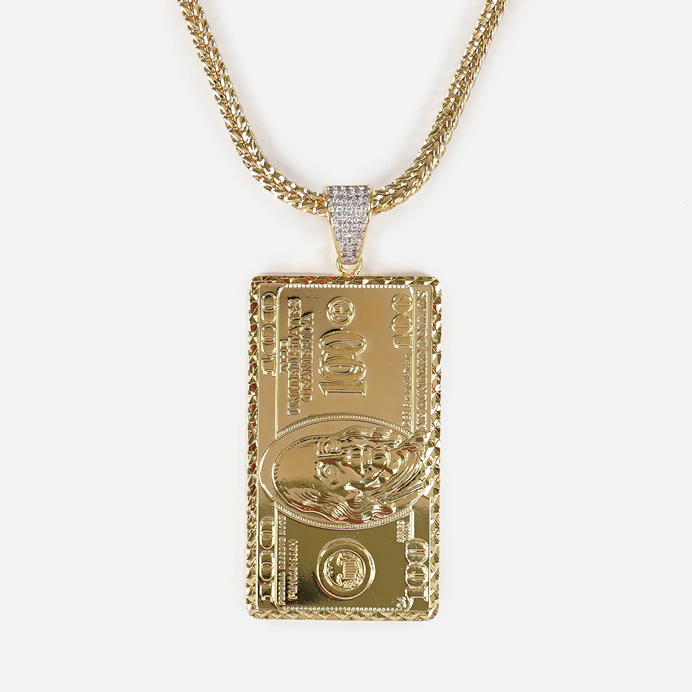 Big Money Benjamin 2" Pendant with Chain Necklace - Gold Plated Stainless Steel - Image 2