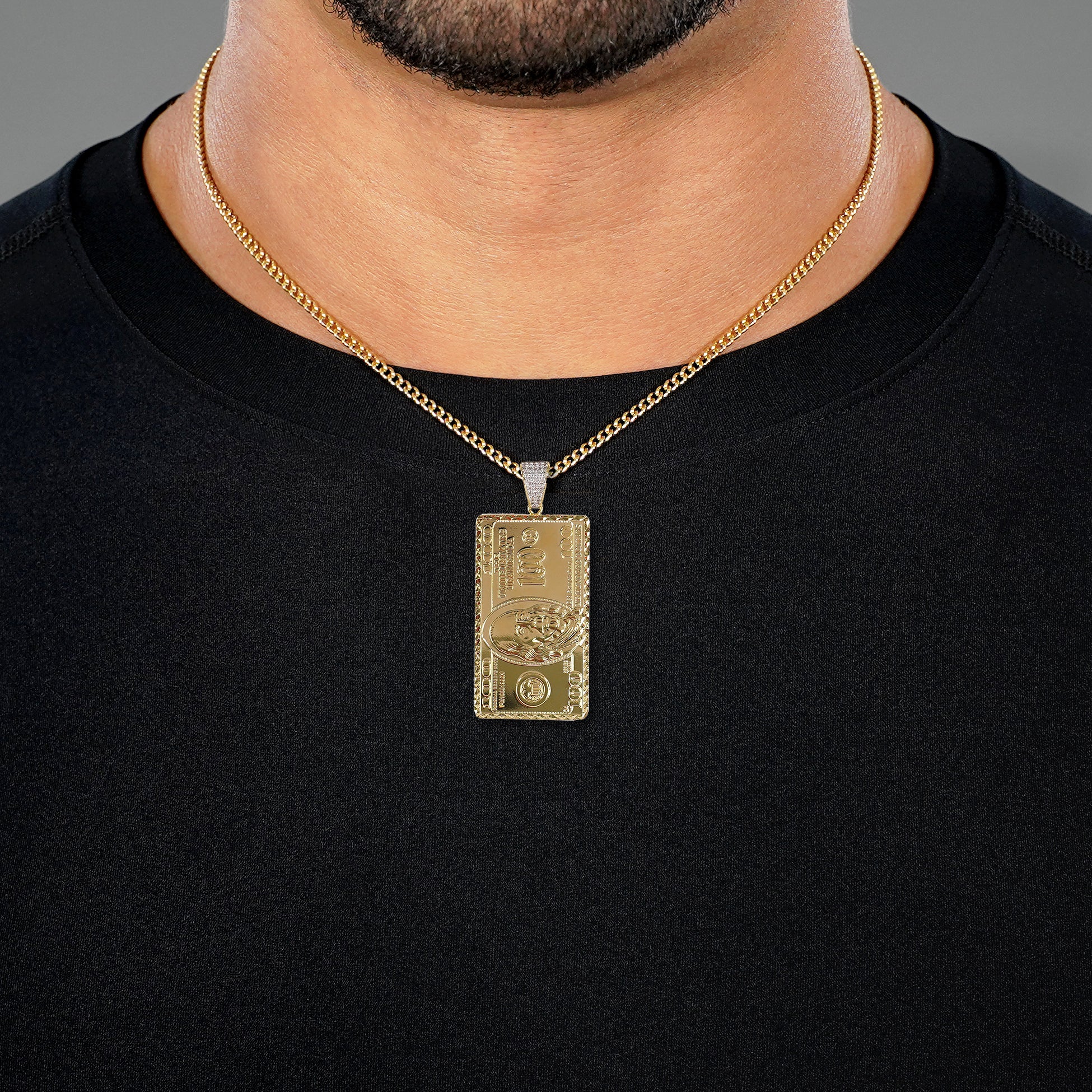 Big Money Benjamin 2" Pendant with Chain Necklace - Gold Plated Stainless Steel - Image 3