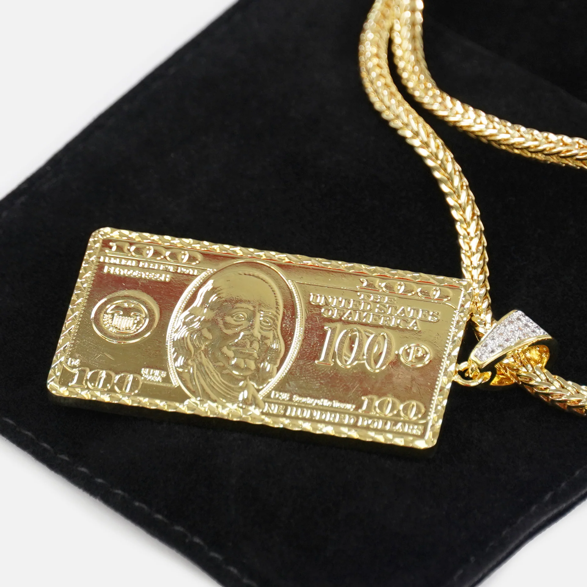 Big Money Benjamin 2" Pendant with Chain Necklace - Gold Plated Stainless Steel - Image 5