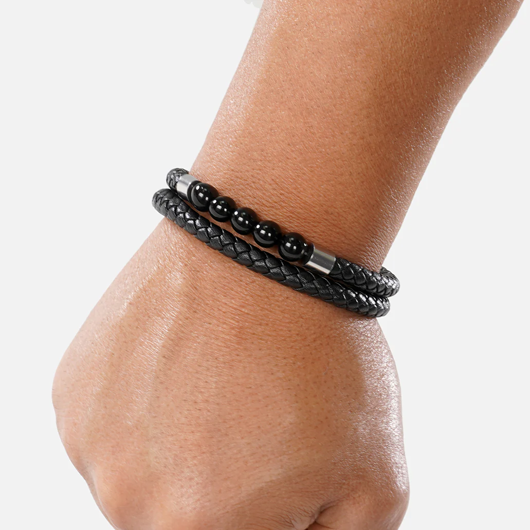 Black 5 Beads Leather Bracelet - Image 3