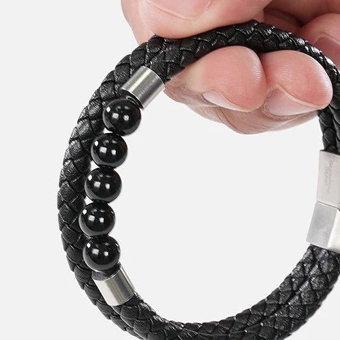 Black 5 Beads Leather Bracelet - Image 4