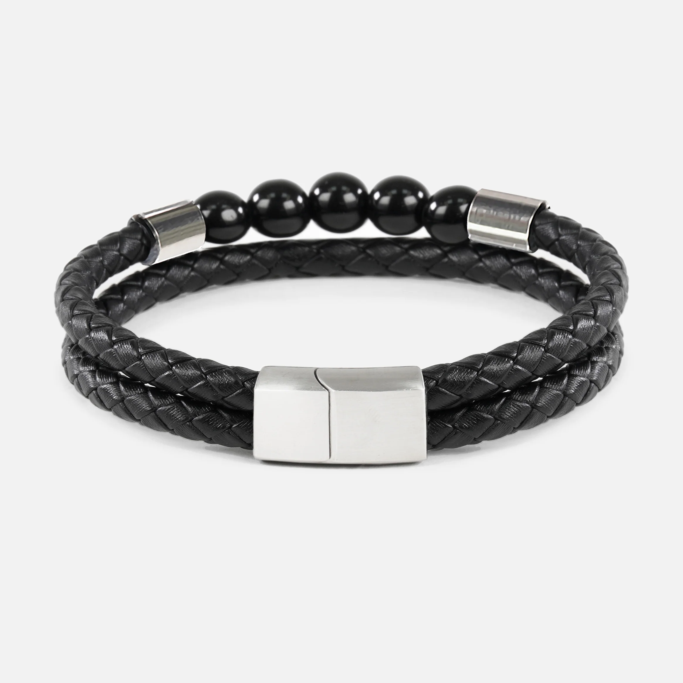 Black 5 Beads Leather Bracelet - Image 6