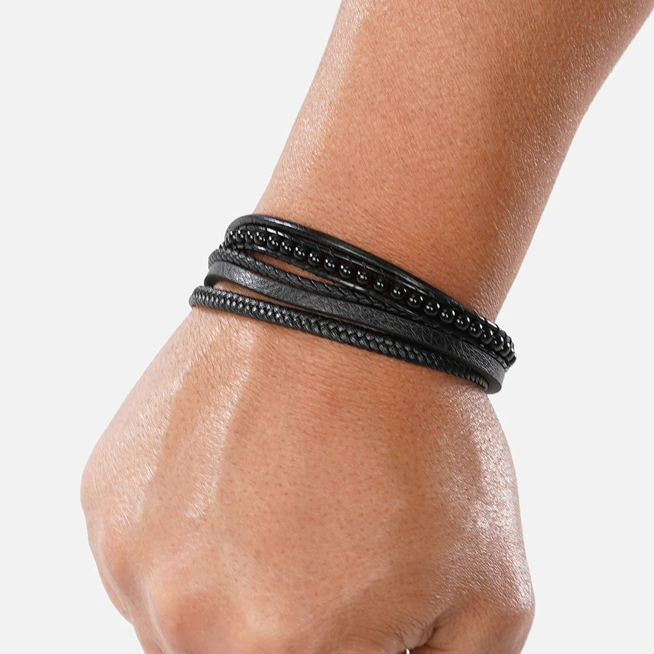 Black Leather 5 in 1 Bracelet - Image 4