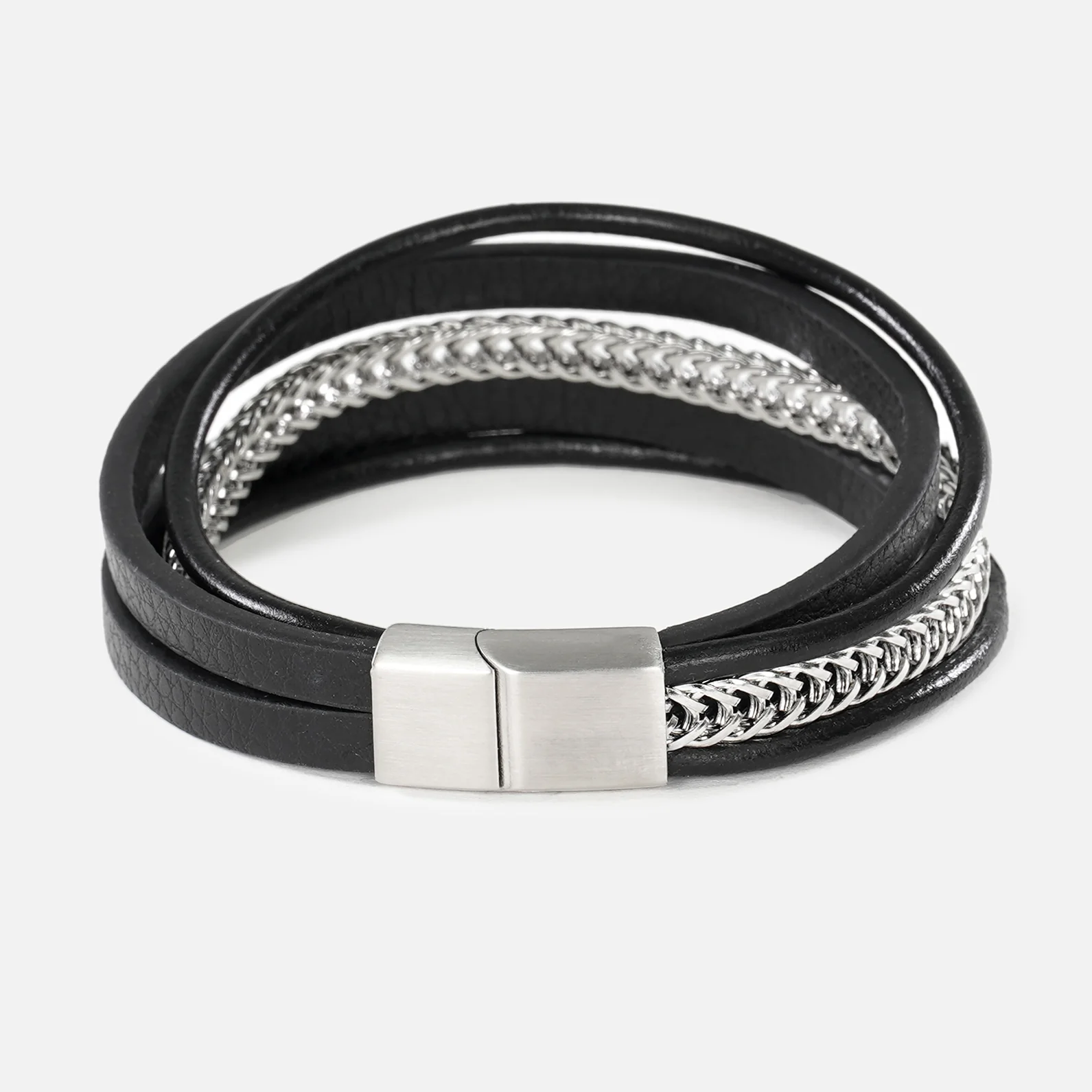 Black Leather and Chain 5 in 1 Bracelet - Image 2