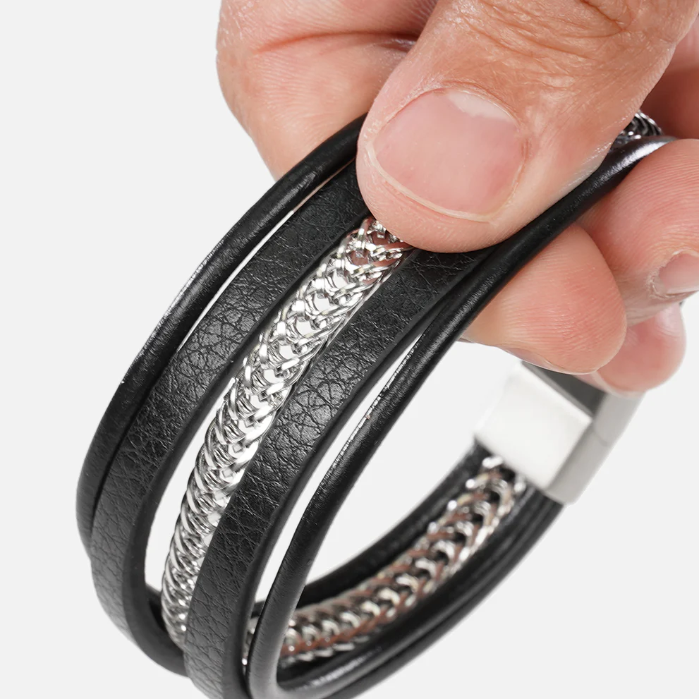 Black Leather and Chain 5 in 1 Bracelet - Image 4