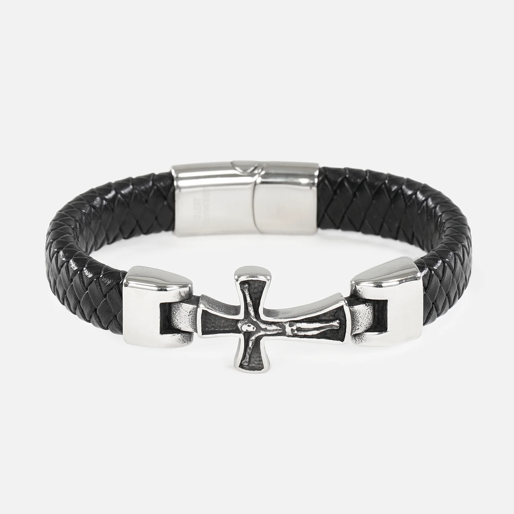 Braided Black Leather Cross Bracelet