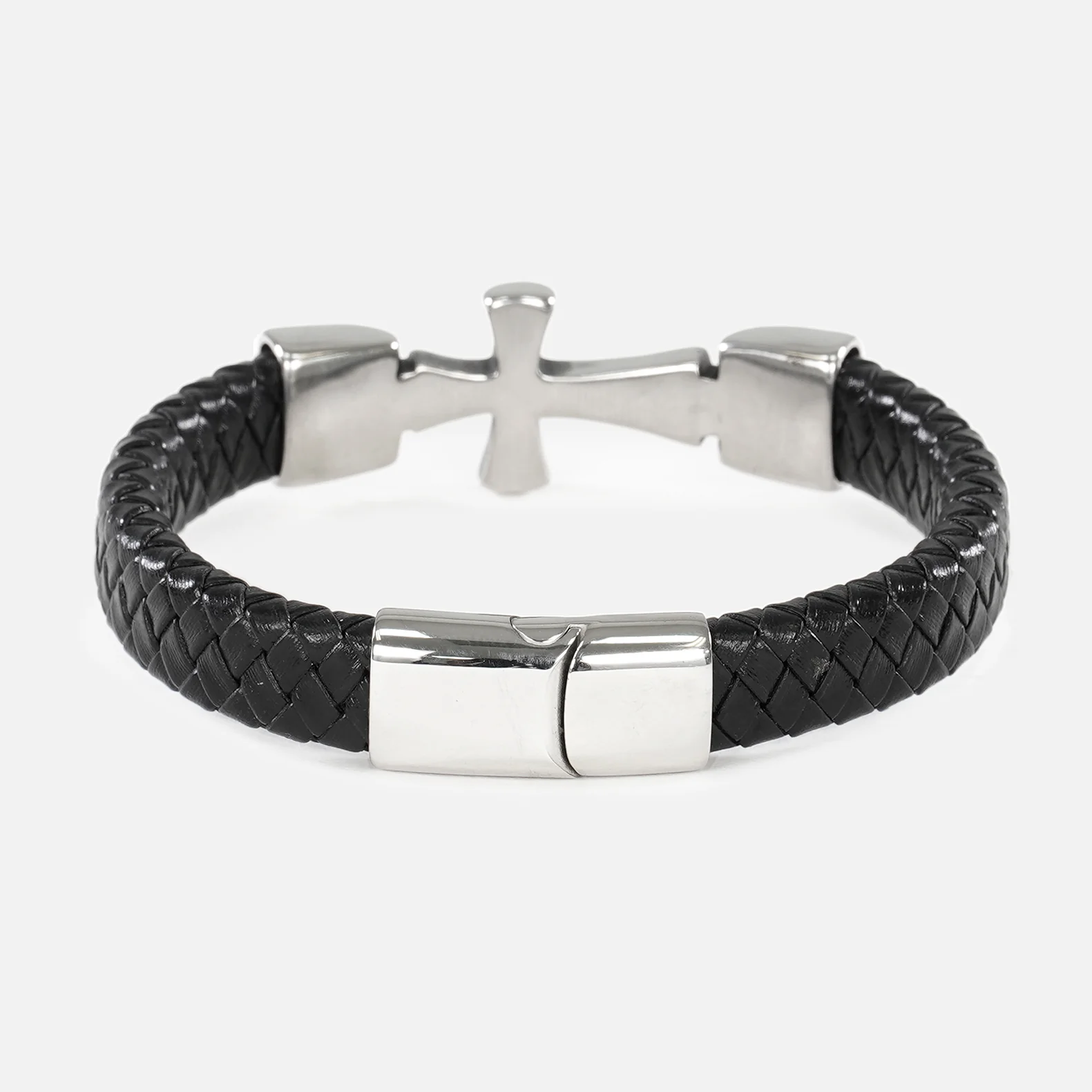 Braided Black Leather Cross Bracelet - Image 2