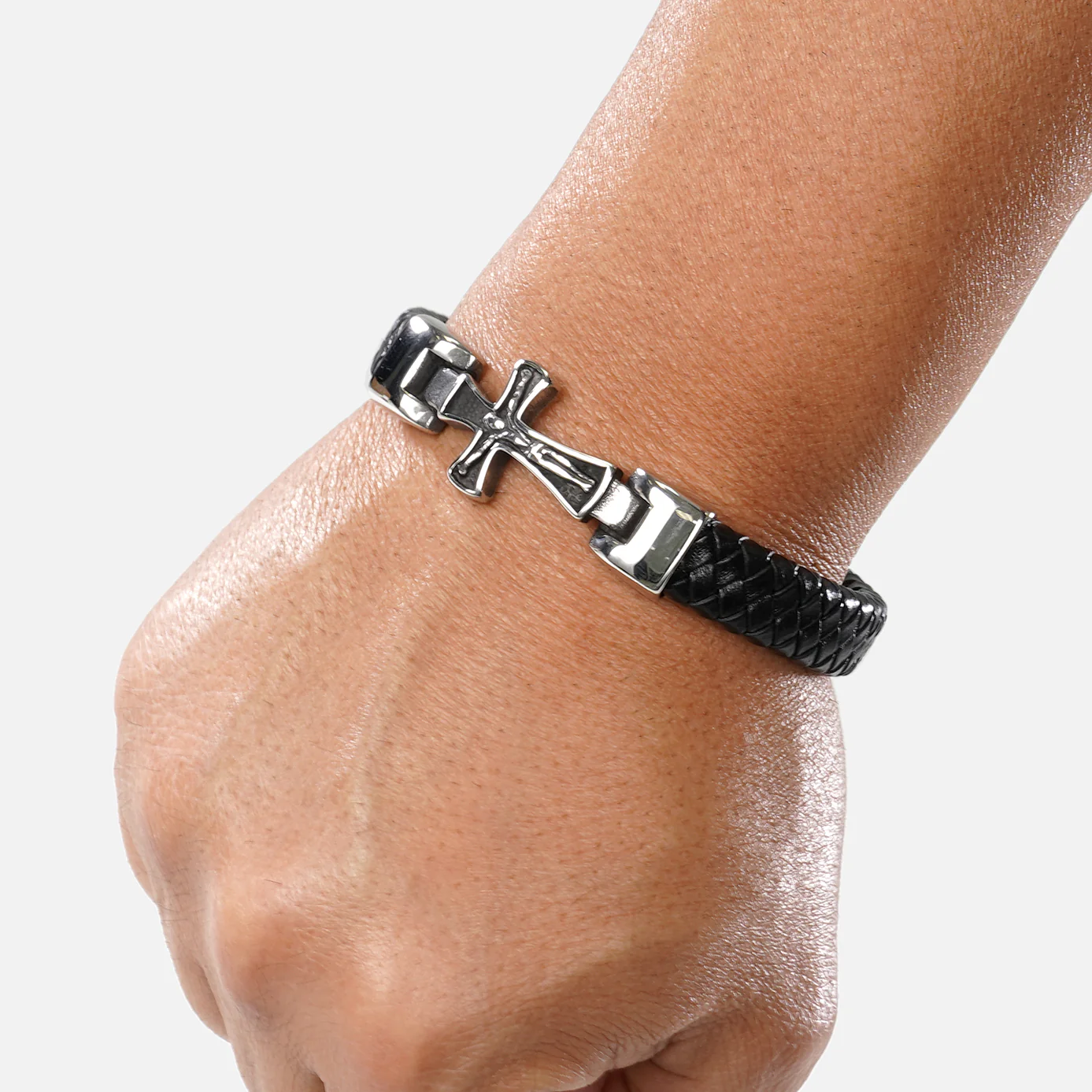 Braided Black Leather Cross Bracelet - Image 3