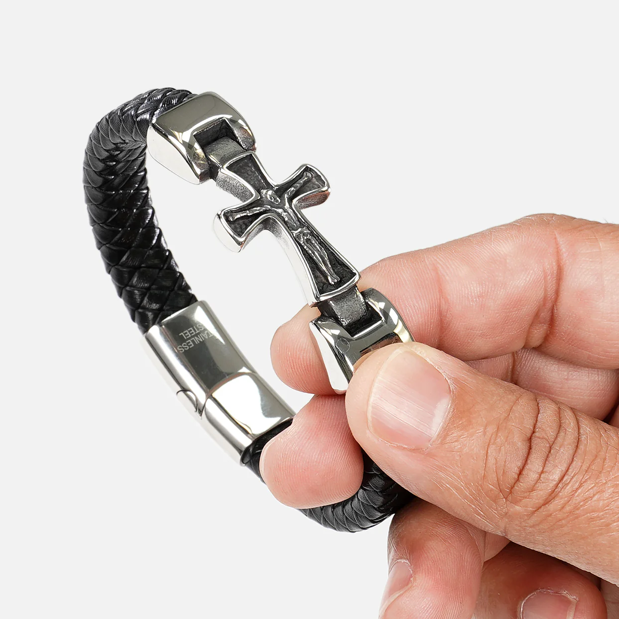Braided Black Leather Cross Bracelet - Image 4