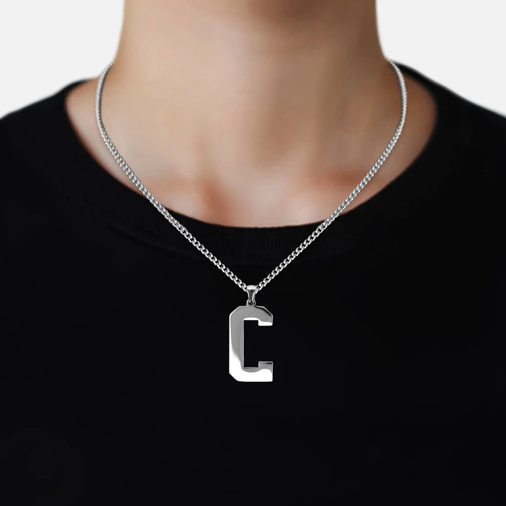 C Letter Pendant with Chain Necklace - Stainless Steel - Image 2