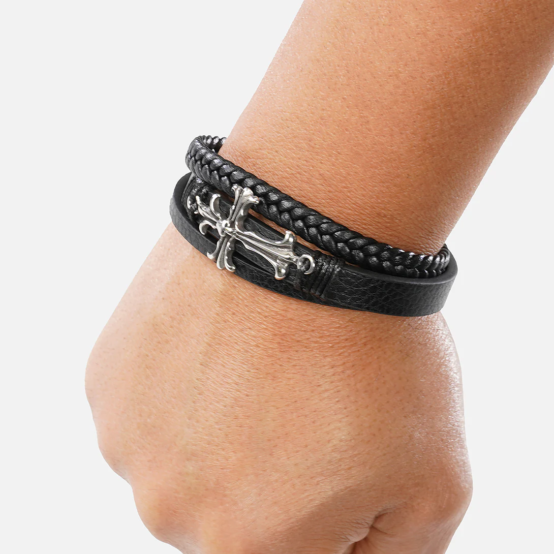 Cross and Skull Black Leather Bracelet - Image 3