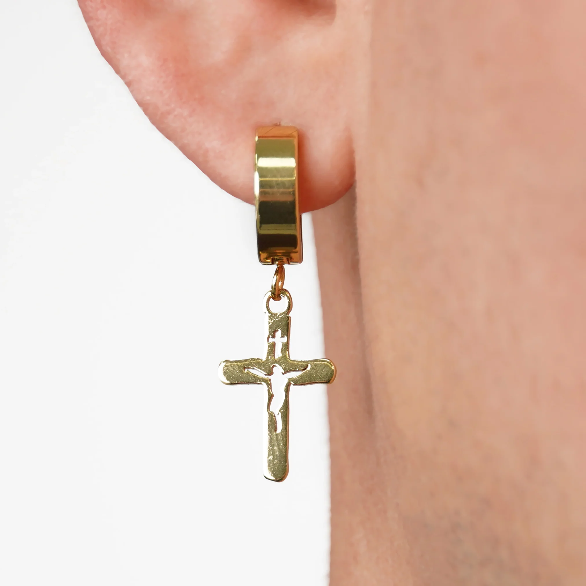 Crucifix Cross Earring - Gold Plated Stainless Steel - Image 2