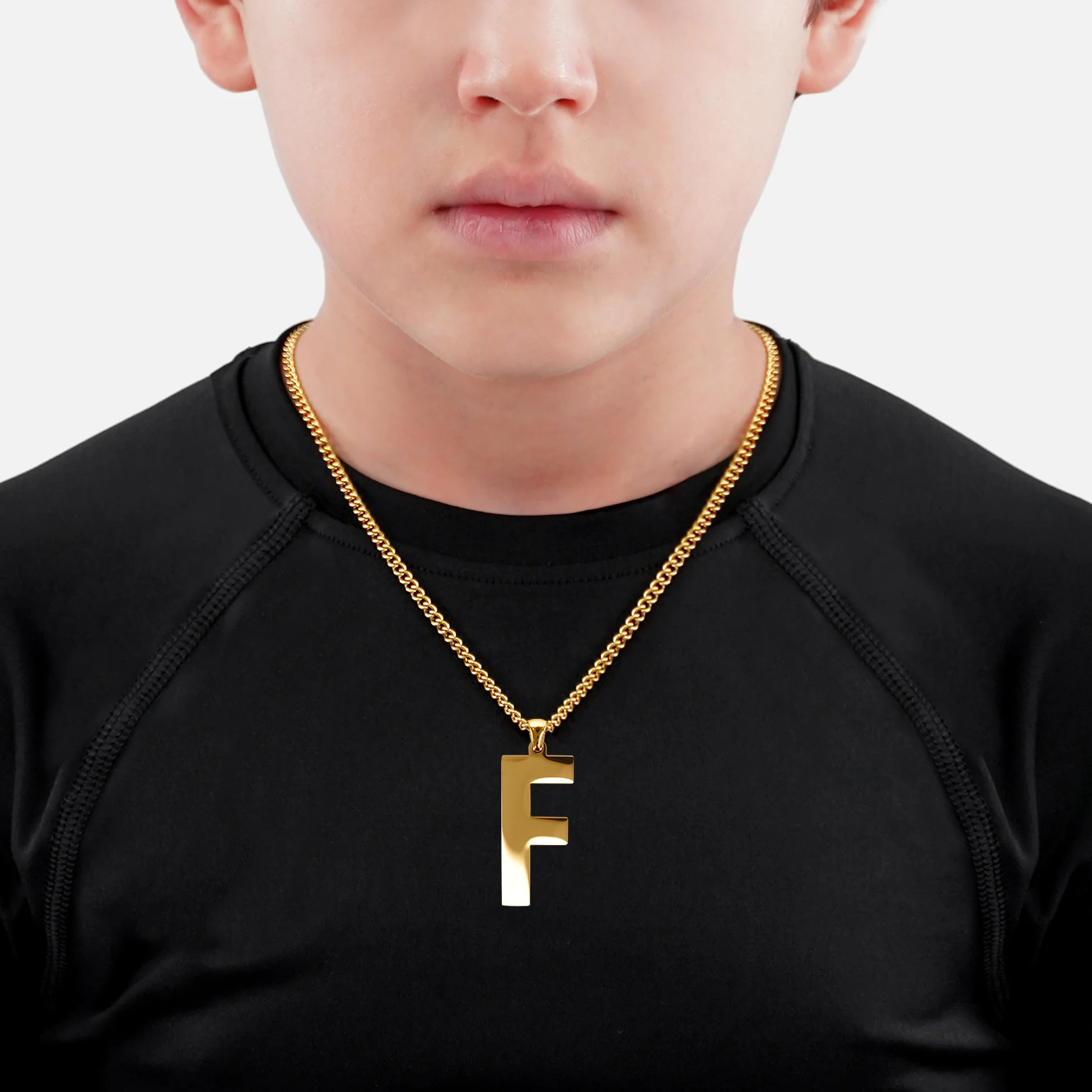 F Letter Pendant with Chain Kids Necklace - Gold Plated Stainless Steel - Image 2