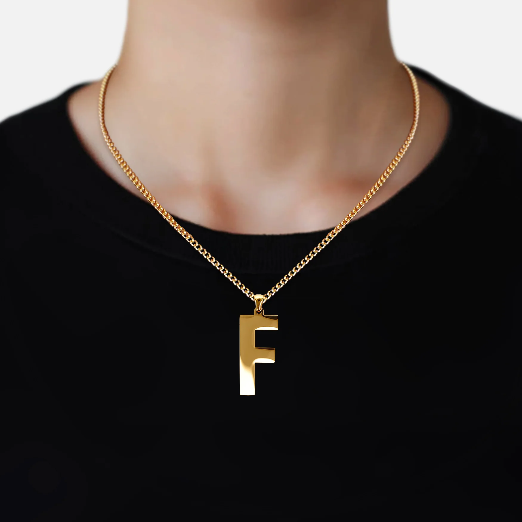 F Letter Pendant with Chain Necklace - Gold Plated Stainless Steel - Image 2