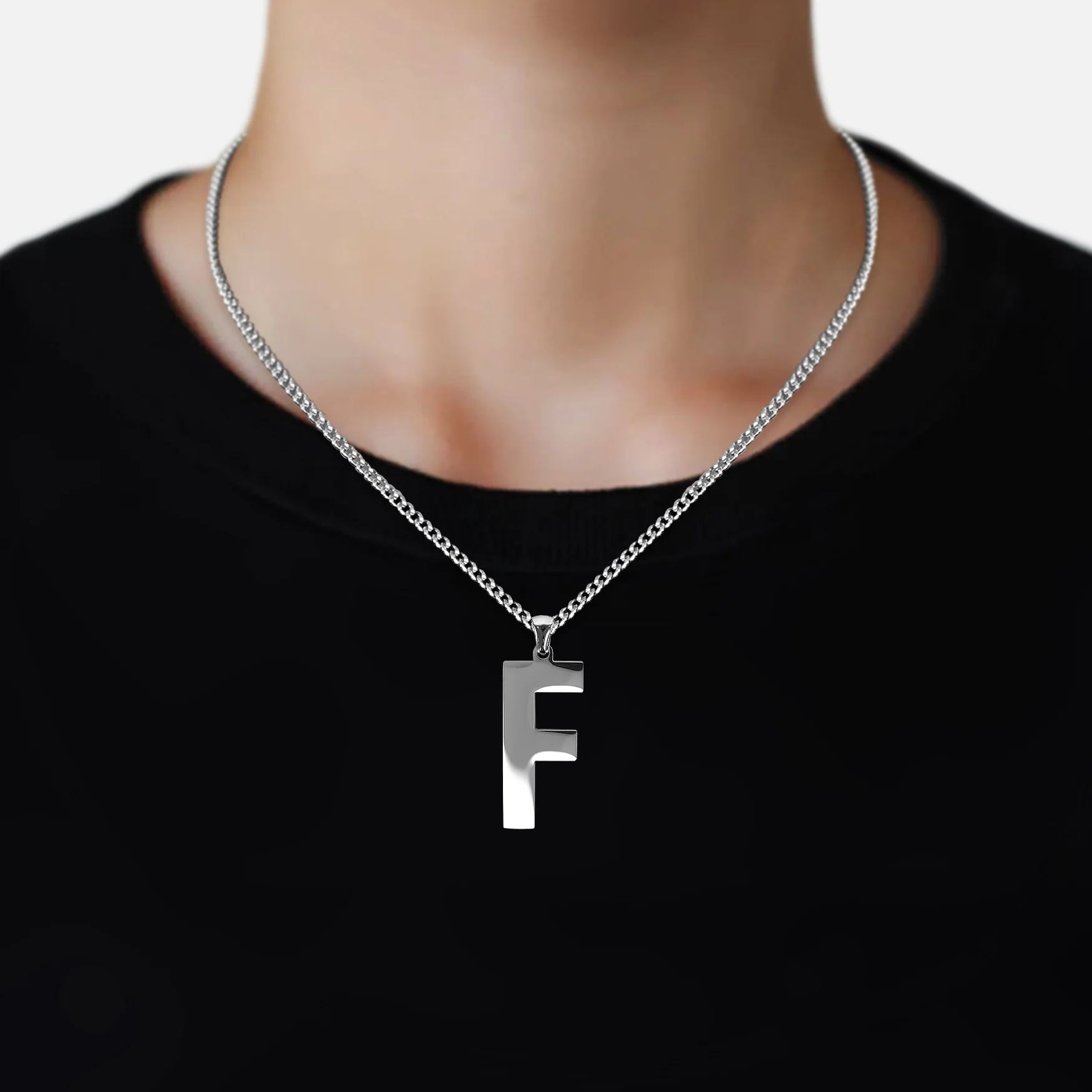 F Letter Pendant with Chain Necklace - Stainless Steel - Image 2