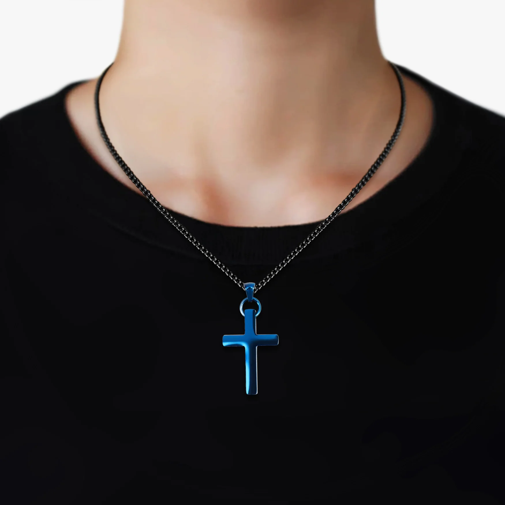 Faith Cross Pendant with Chain Necklace - Cobalt Blue Stainless Steel - Image 2