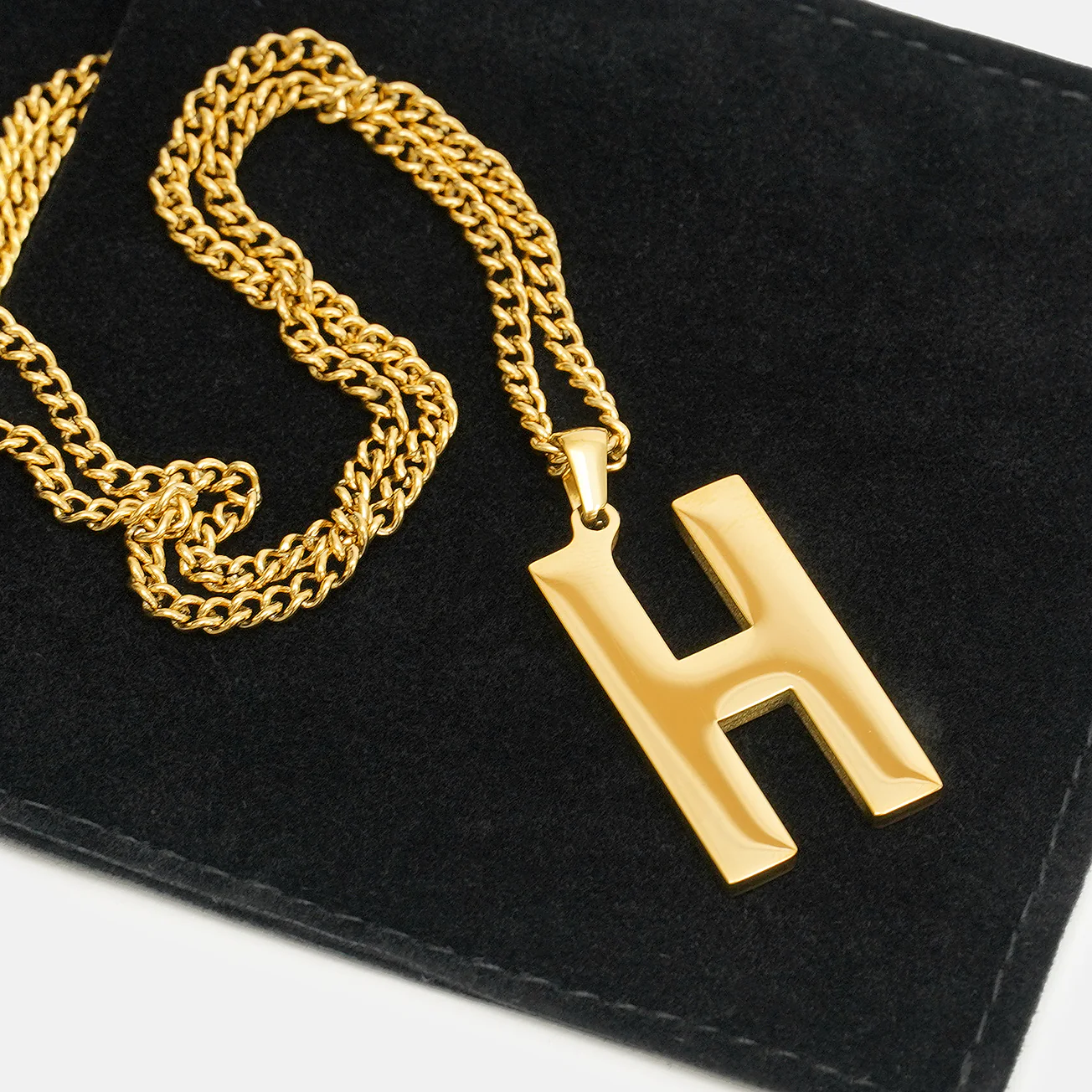 H Letter Pendant with Chain Necklace - Gold Plated Stainless Steel - Image 5