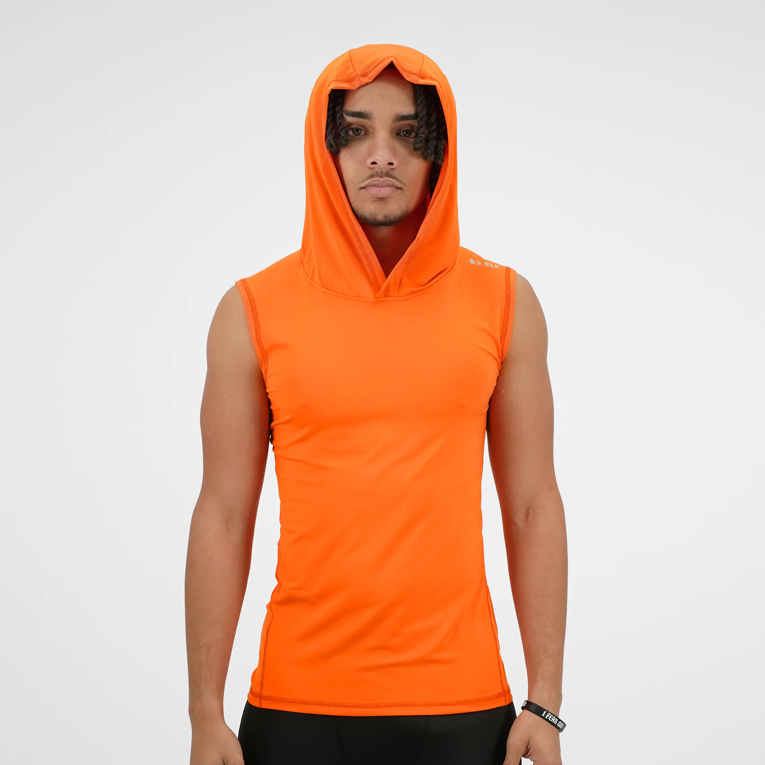 Hot Orange Sleeveless Compression Hoodie - Image 3
