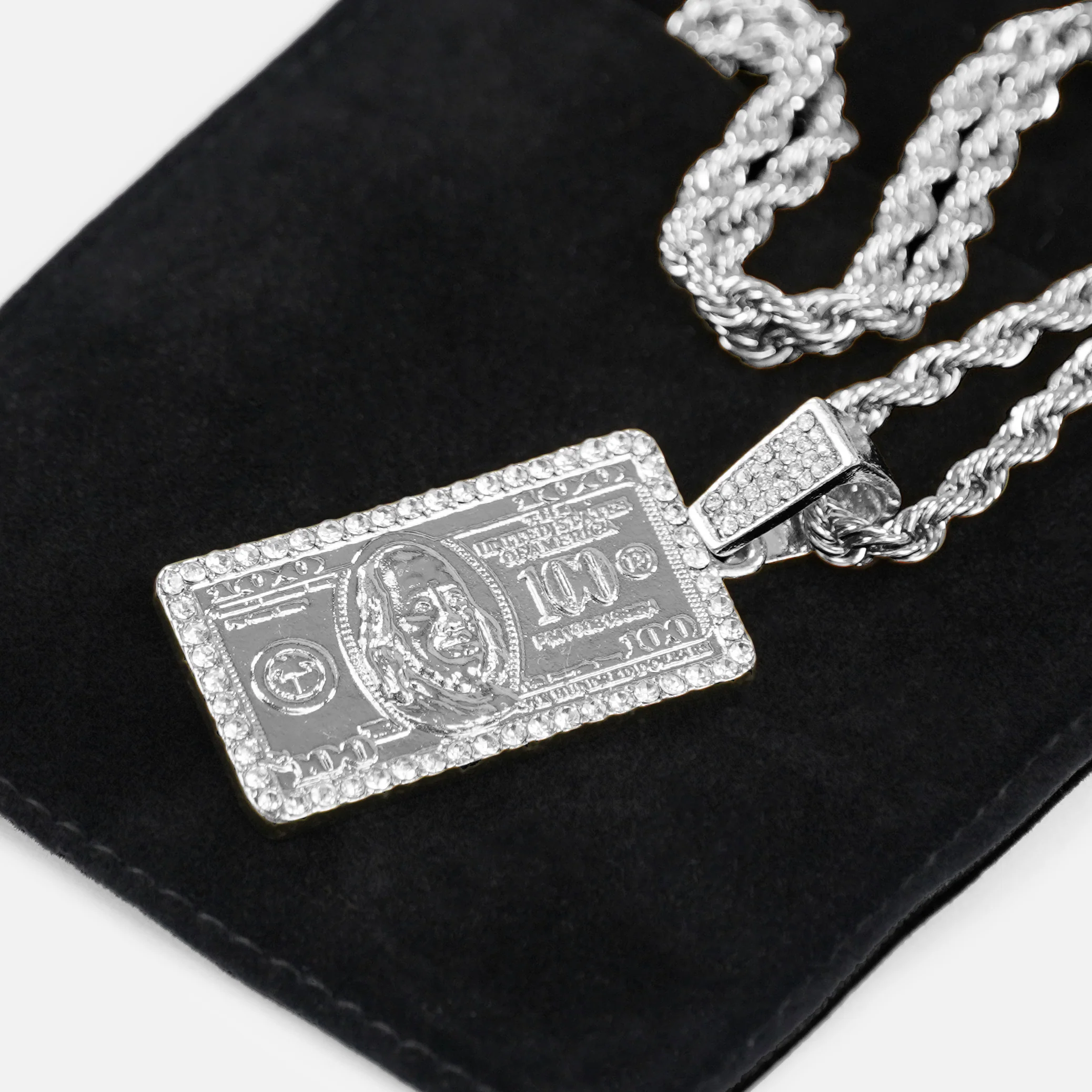 Iced Money Benjamin 1½" Pendant with Chain Necklace - Stainless Steel - Image 5