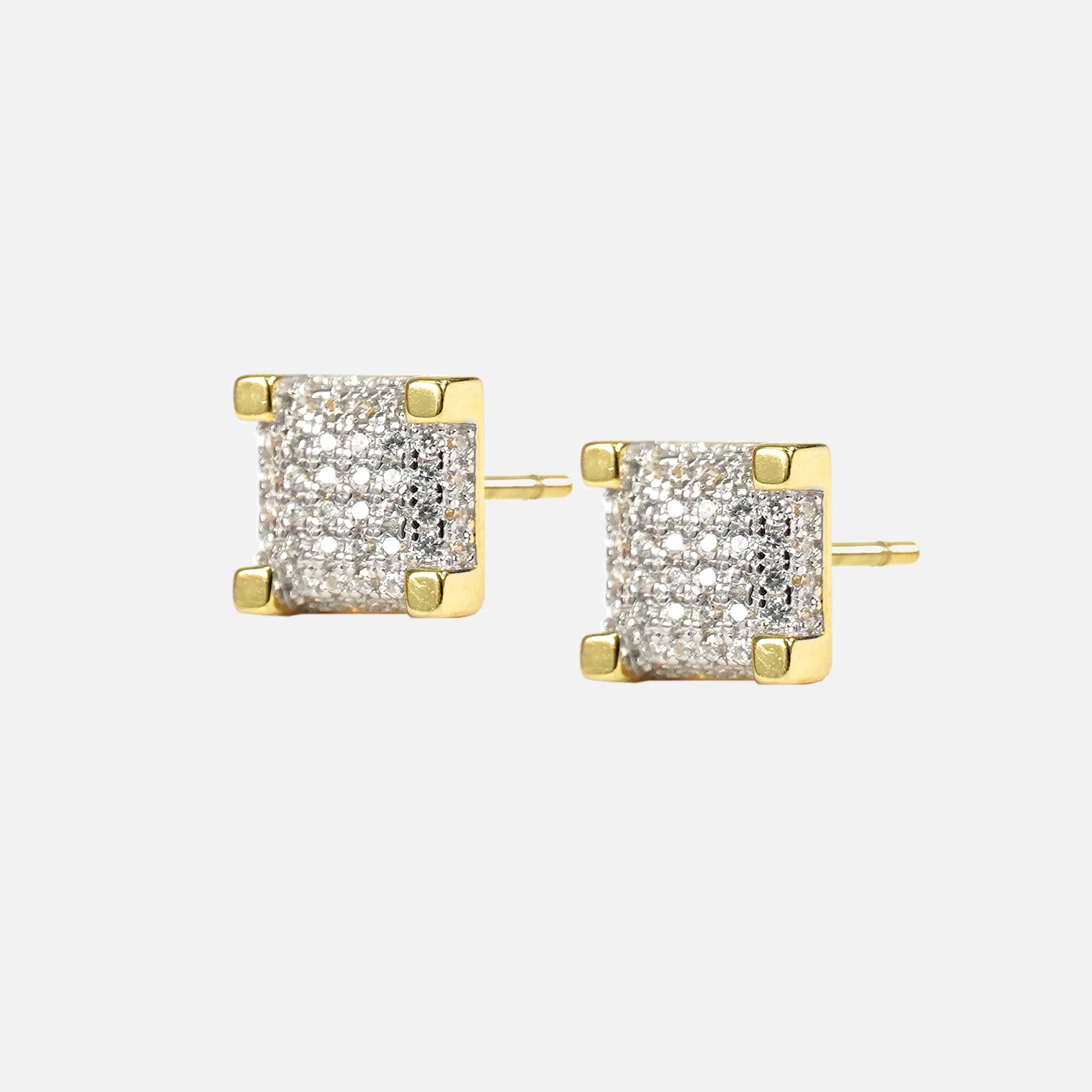 Iced Out Box 8mm Earrings Yellow Gold Sterling Silver