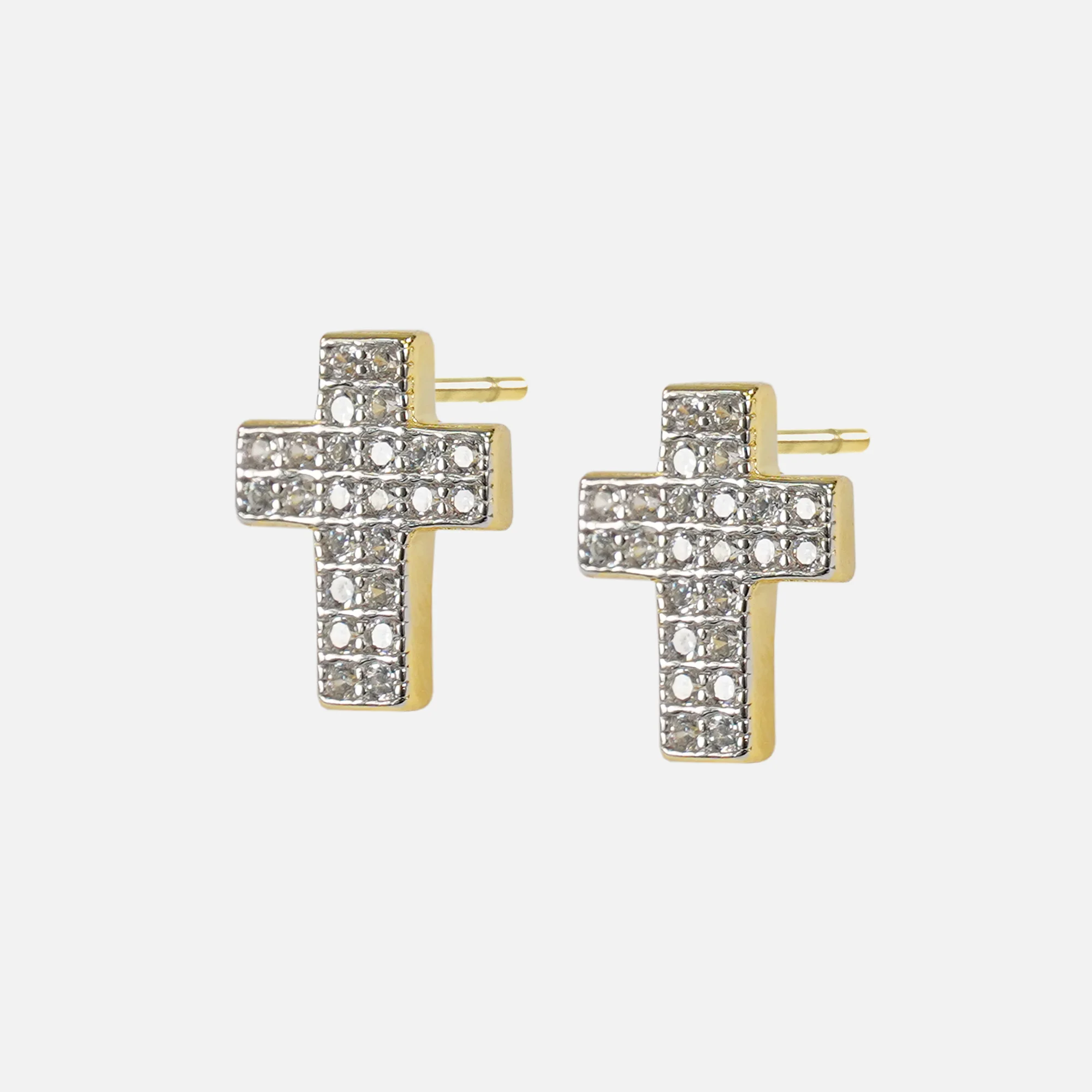 Iced Out Cross 10mm Earrings Yellow Gold Sterling Silver