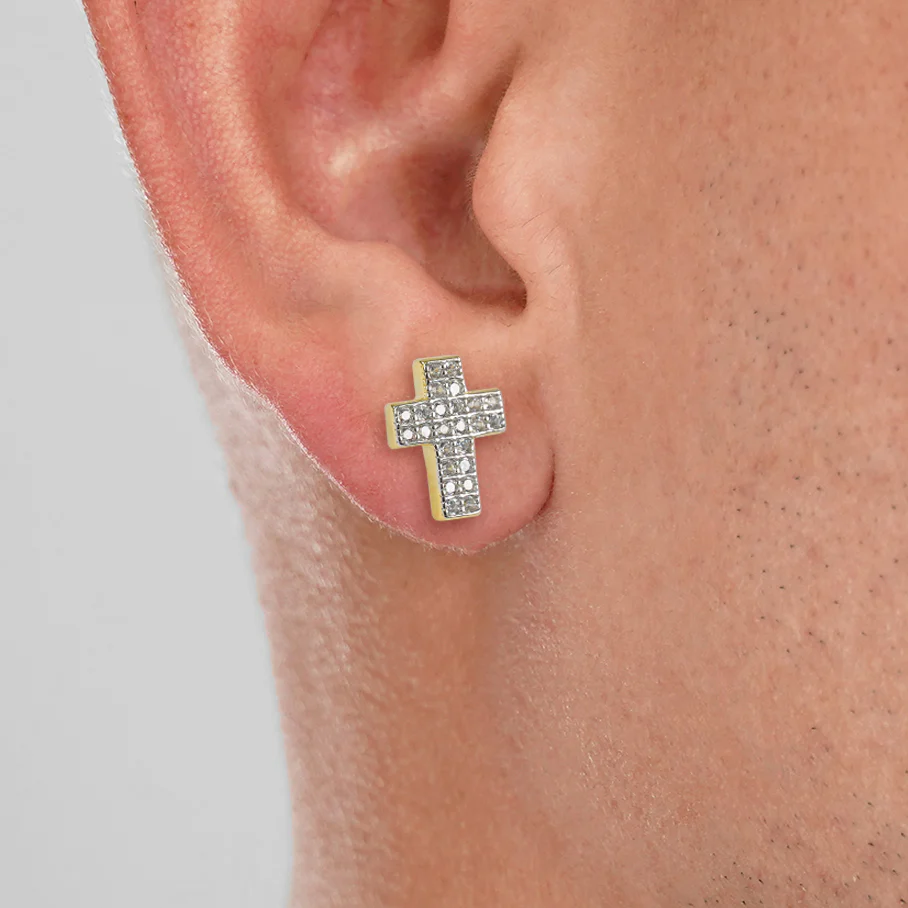 Iced Out Cross 10mm Earrings Yellow Gold Sterling Silver - Image 2