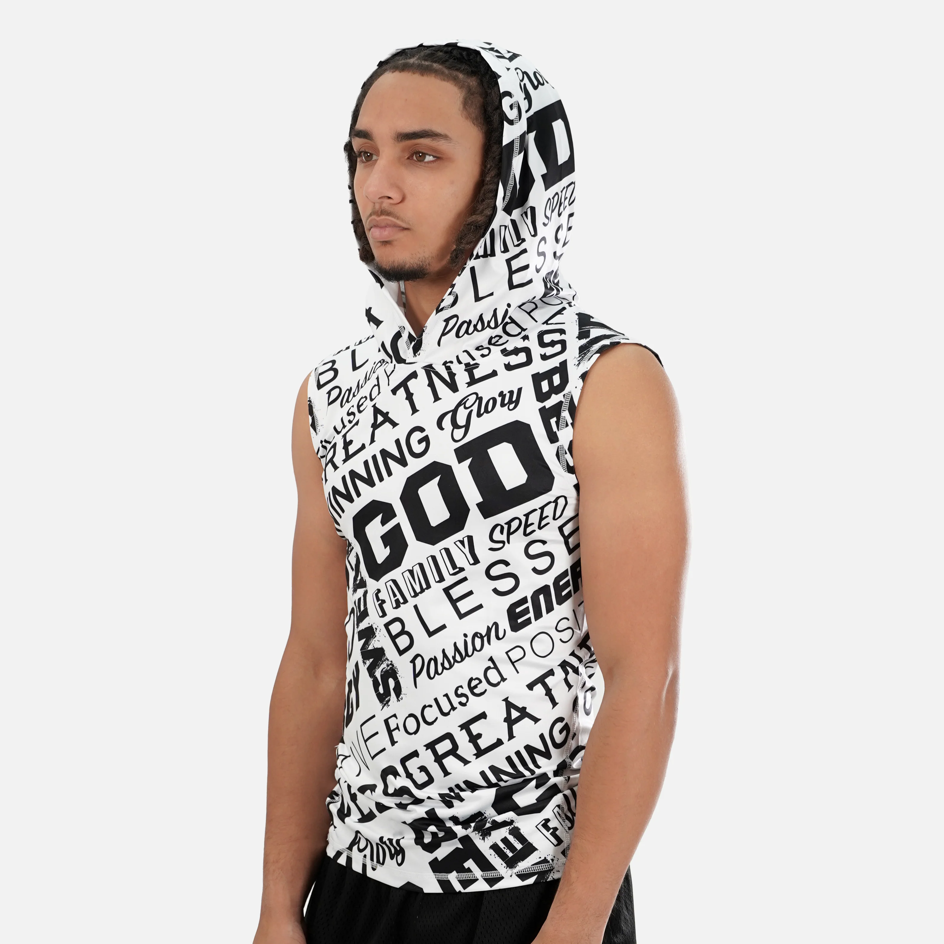 Inspirational White Sleeveless Compression Hoodie - Image 2