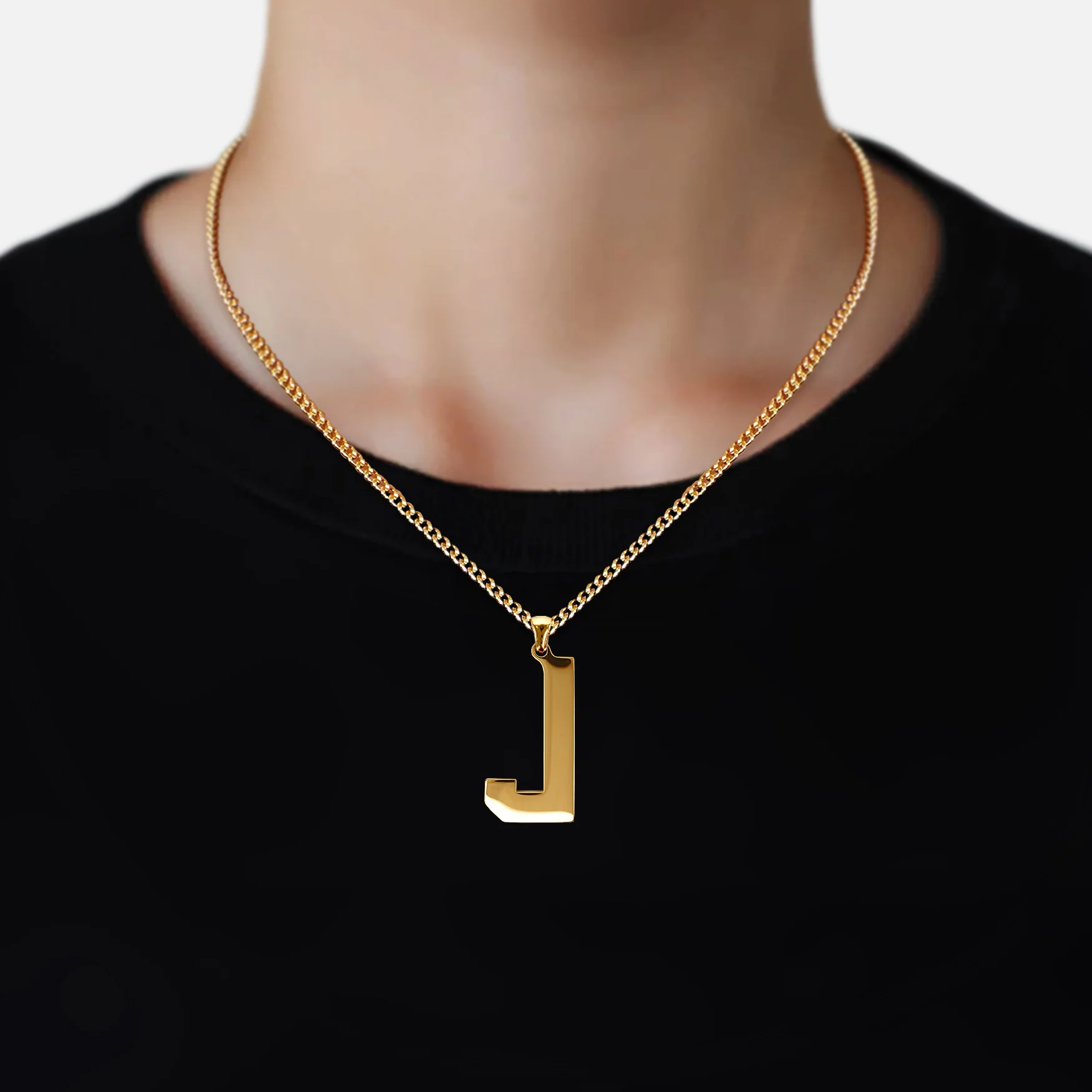 J Letter Pendant with Chain Necklace - Gold Plated Stainless Steel - Image 2