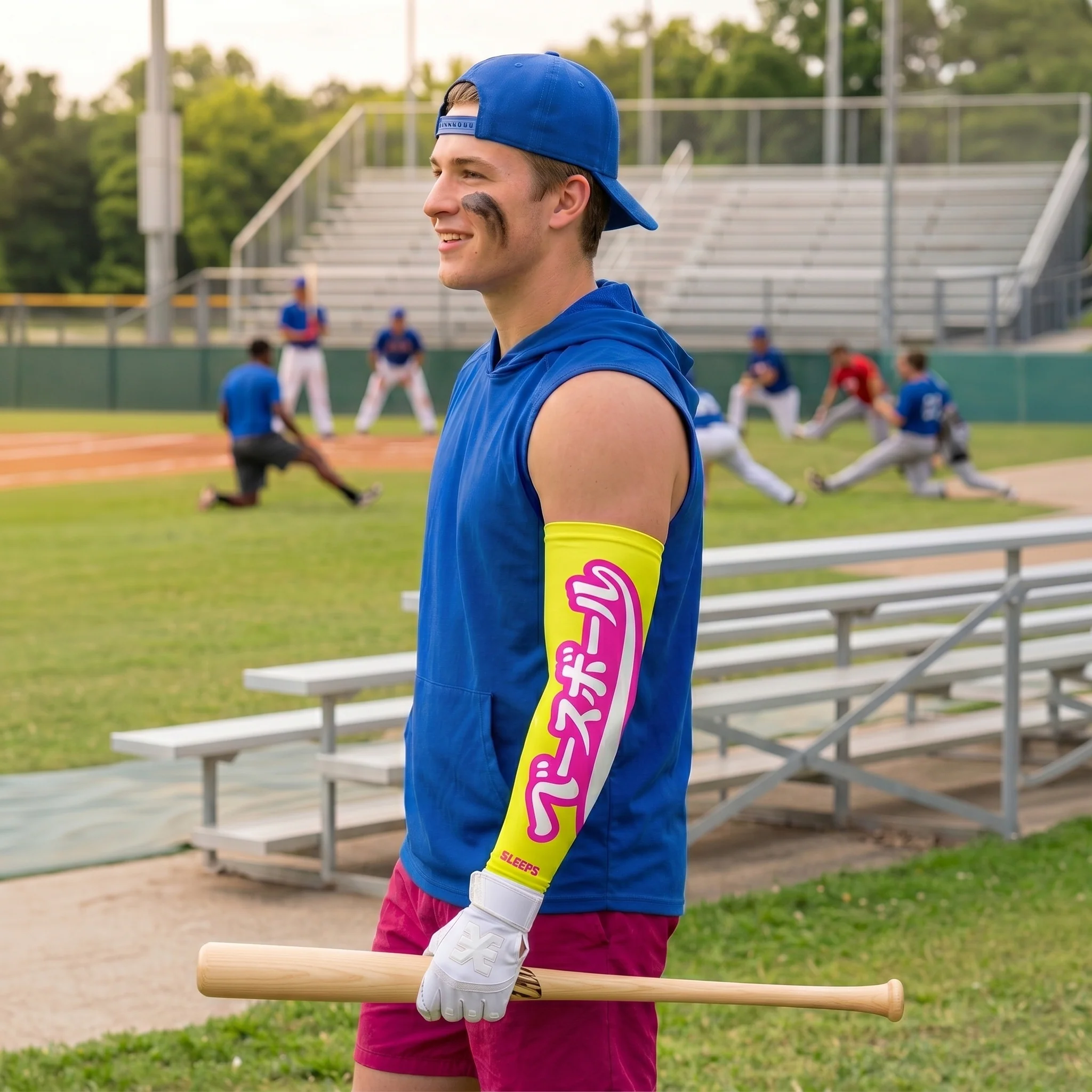 Japanese Baseball Lime Green and Blue Arm Sleeves Pair - Image 3