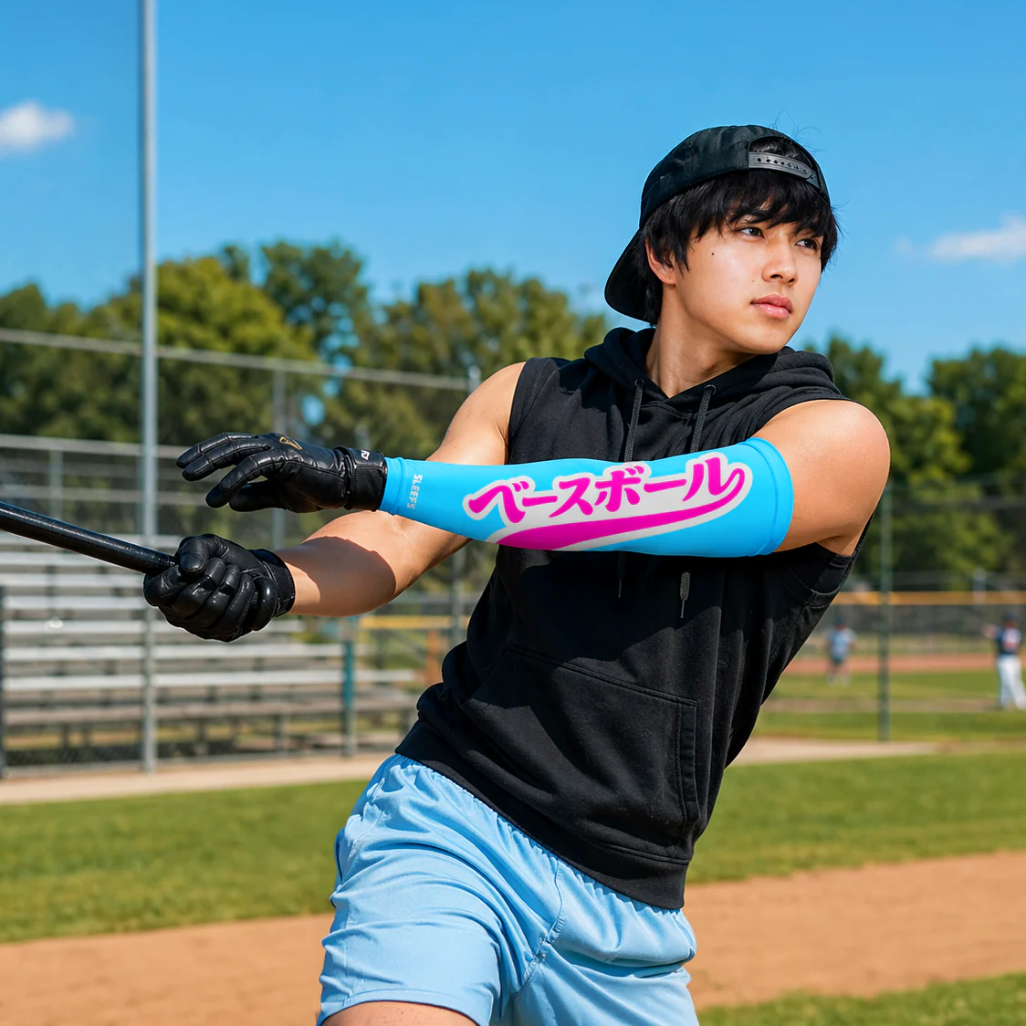 Japanese Baseball Lime Green and Blue Arm Sleeves Pair - Image 9