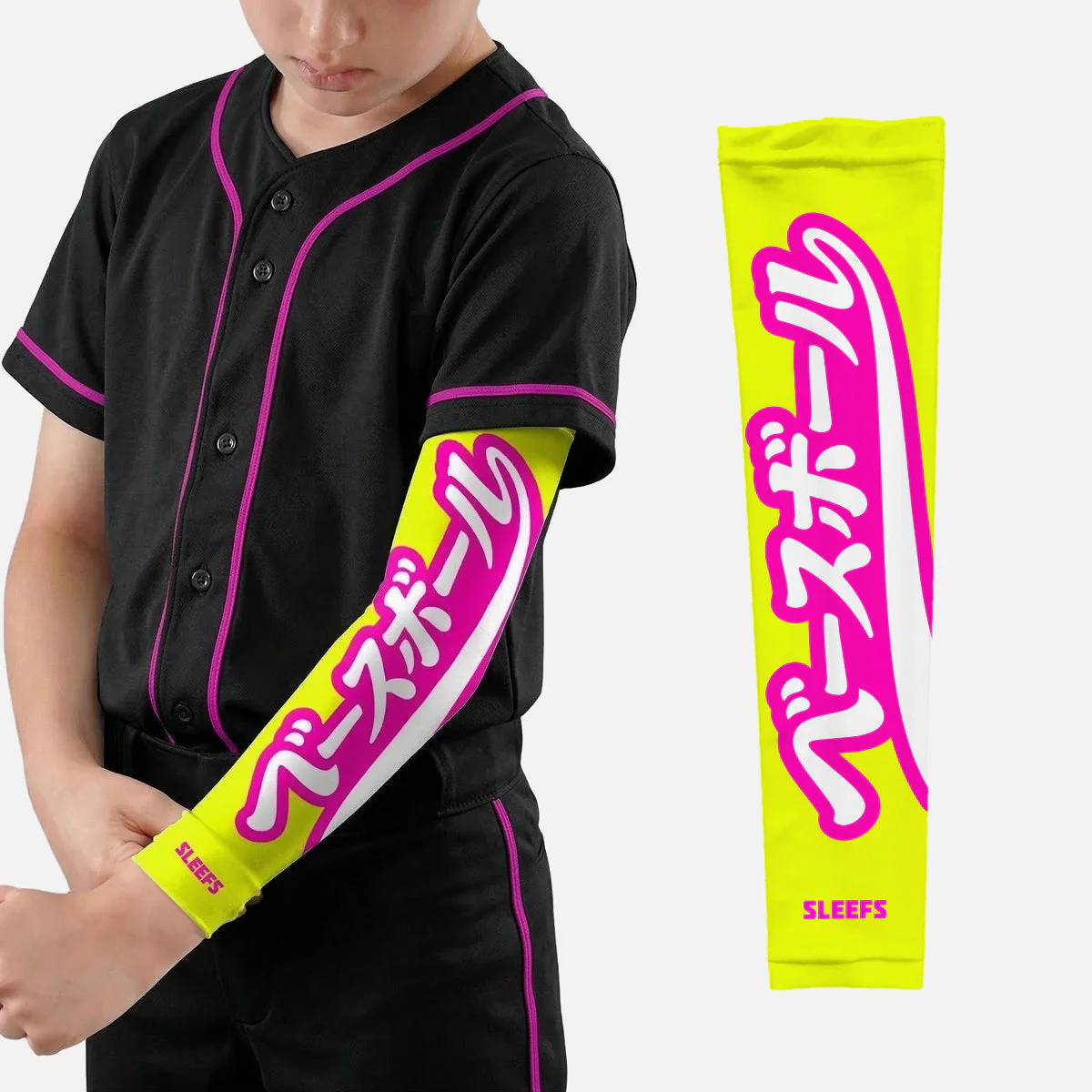 Japanese Baseball Lime Green and Blue Kids Arm Sleeves Pair - Image 4