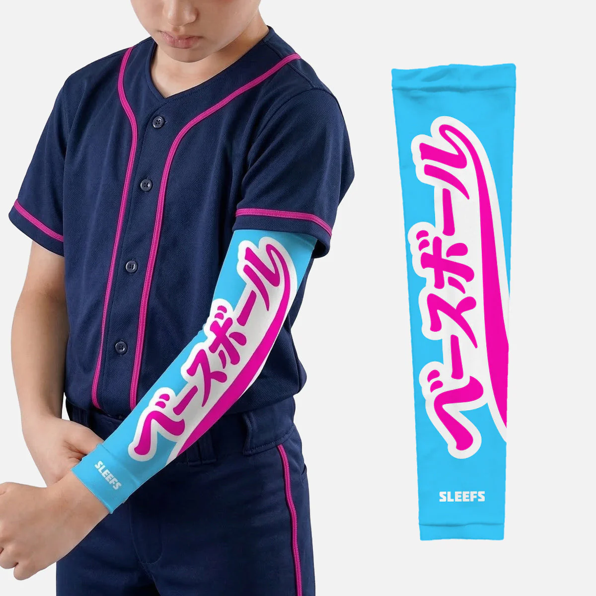 Japanese Baseball Lime Green and Blue Kids Arm Sleeves Pair - Image 8