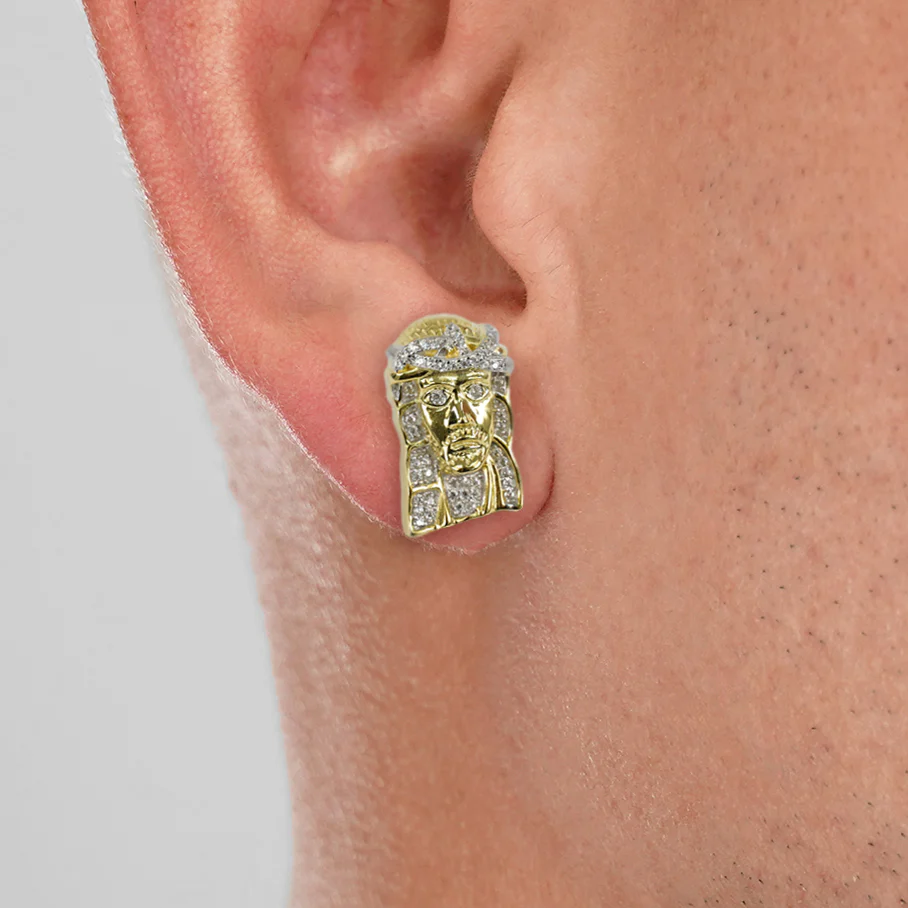 Jesus Christ Face 18mm Earrings Yellow Gold Sterling Silver - Image 2