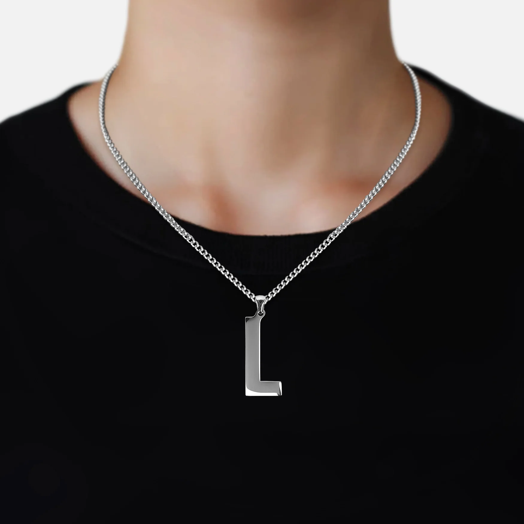 L Letter Pendant with Chain Necklace - Stainless Steel - Image 2