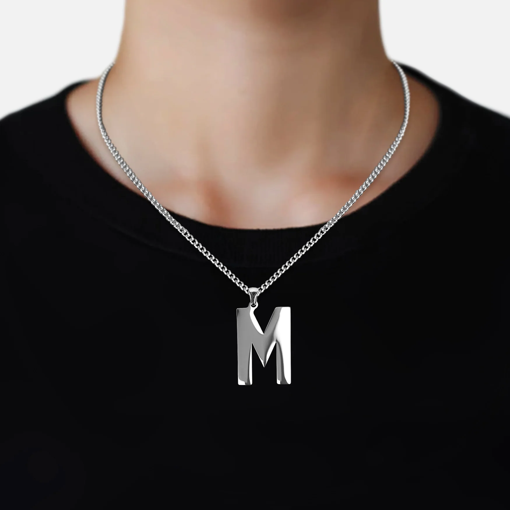 M Letter Pendant with Chain Necklace - Stainless Steel - Image 2
