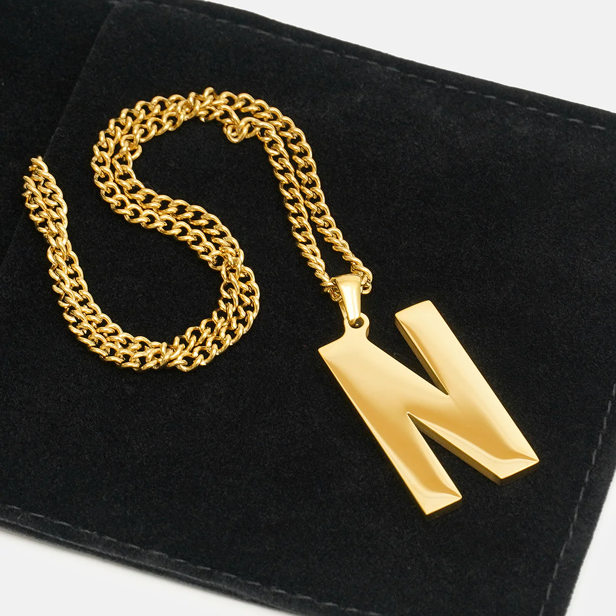 N Letter Pendant with Chain Necklace - Gold Plated Stainless Steel - Image 5