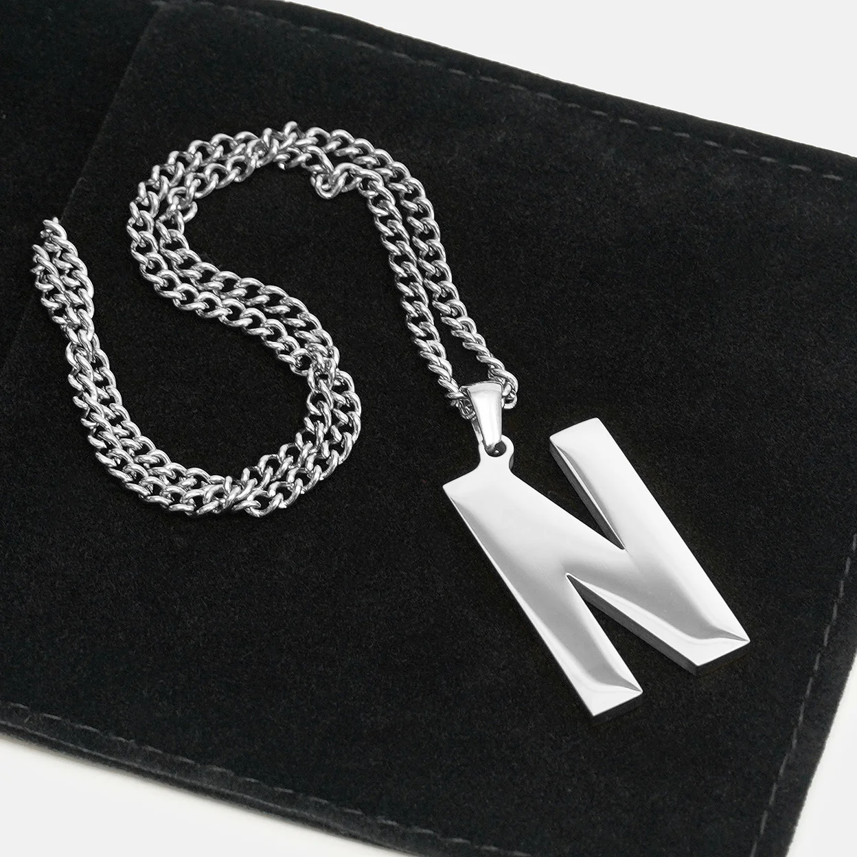 N Letter Pendant with Chain Necklace - Stainless Steel - Image 5