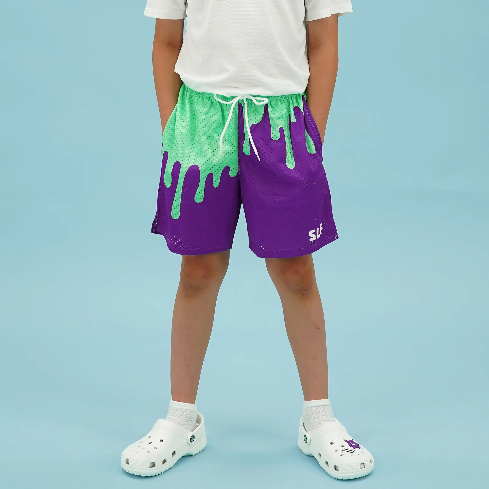Neon Drip Aquamarine Purple Kids Shorts - 5" - Image 2
