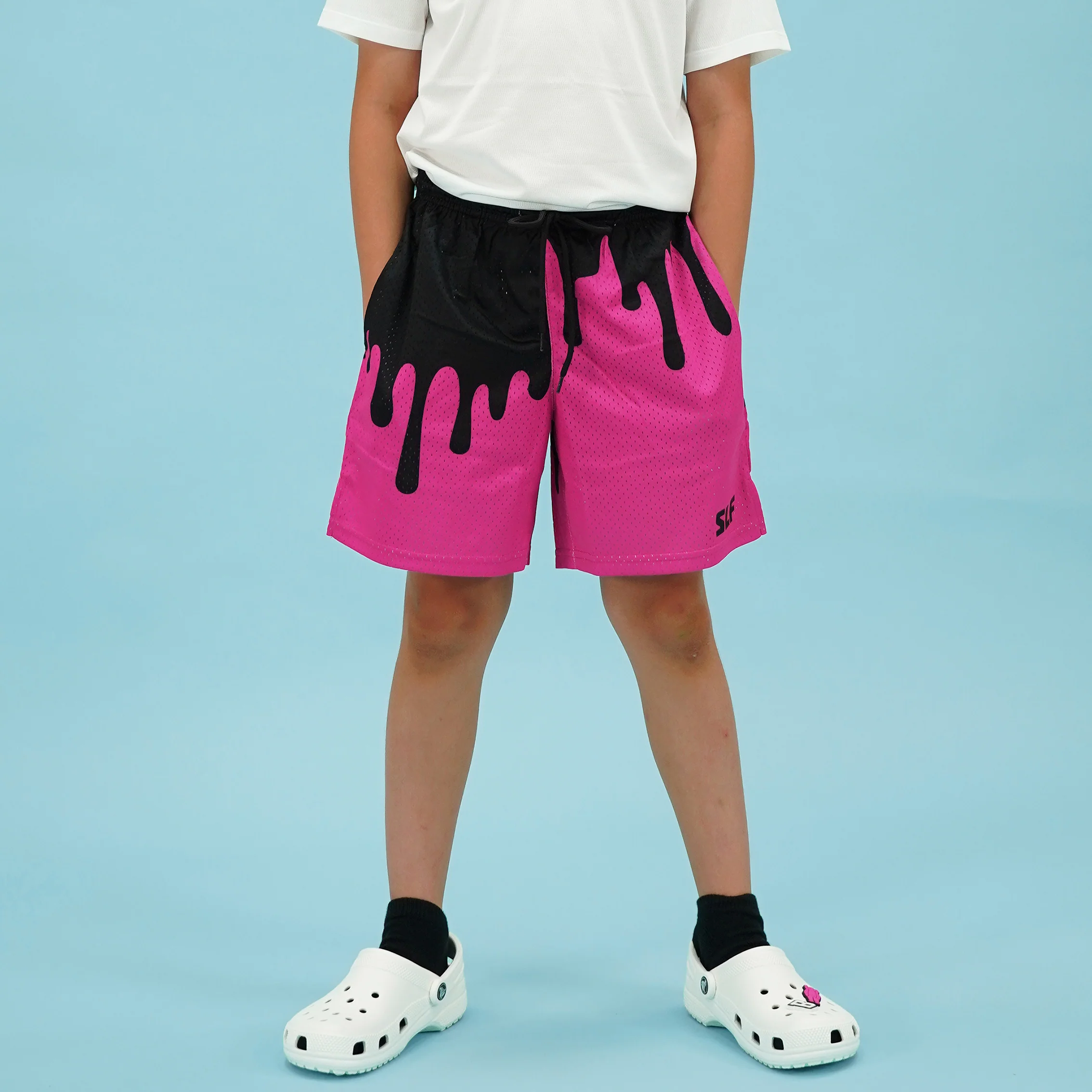 Neon Drip Black Magenta Kids Shorts - 5" - Image 2