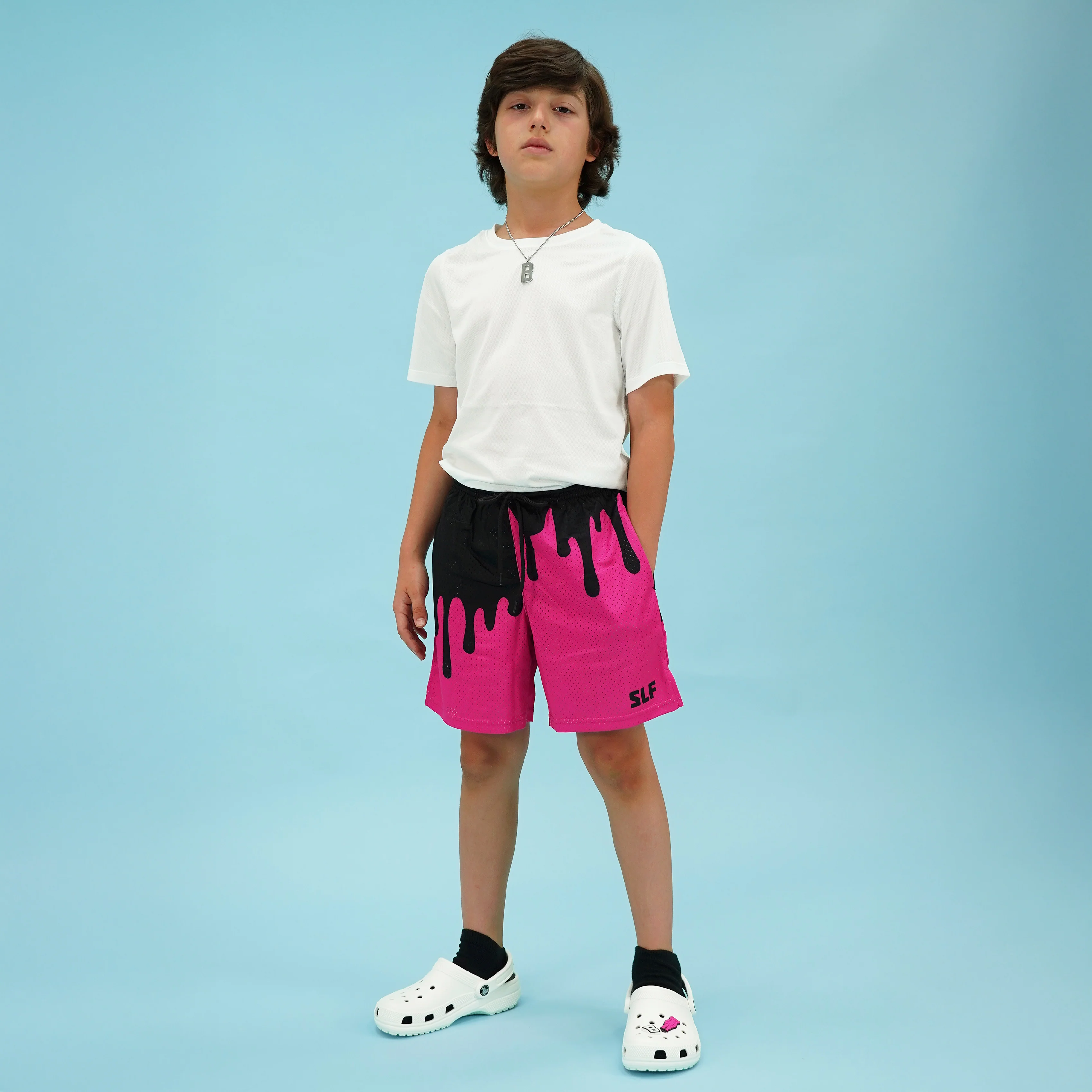 Neon Drip Black Magenta Kids Shorts - 5" - Image 4
